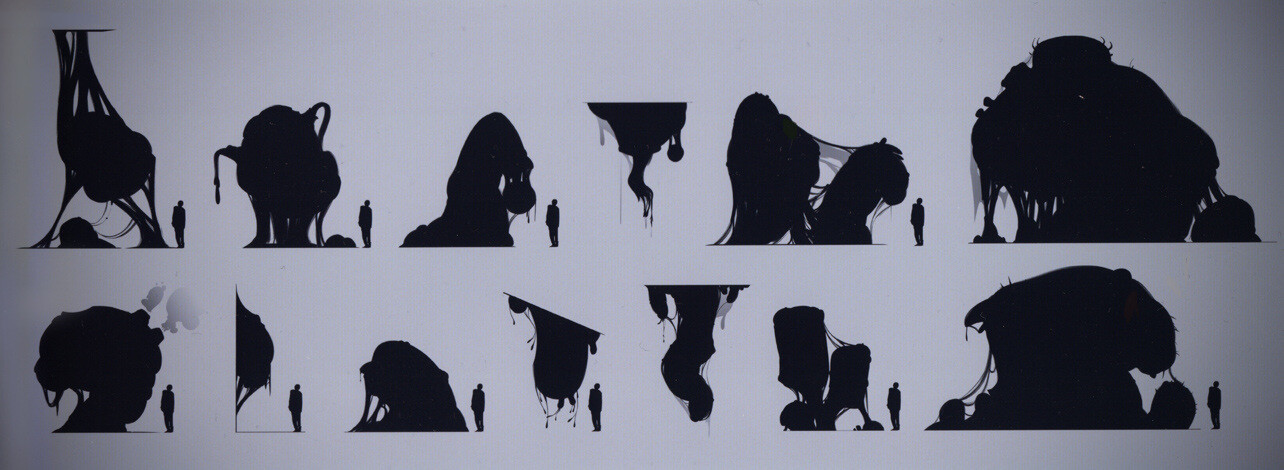 At one point we had big lovecraftian god you would travel through. These were some silhouette ideas to, uh, flesh out the space with.