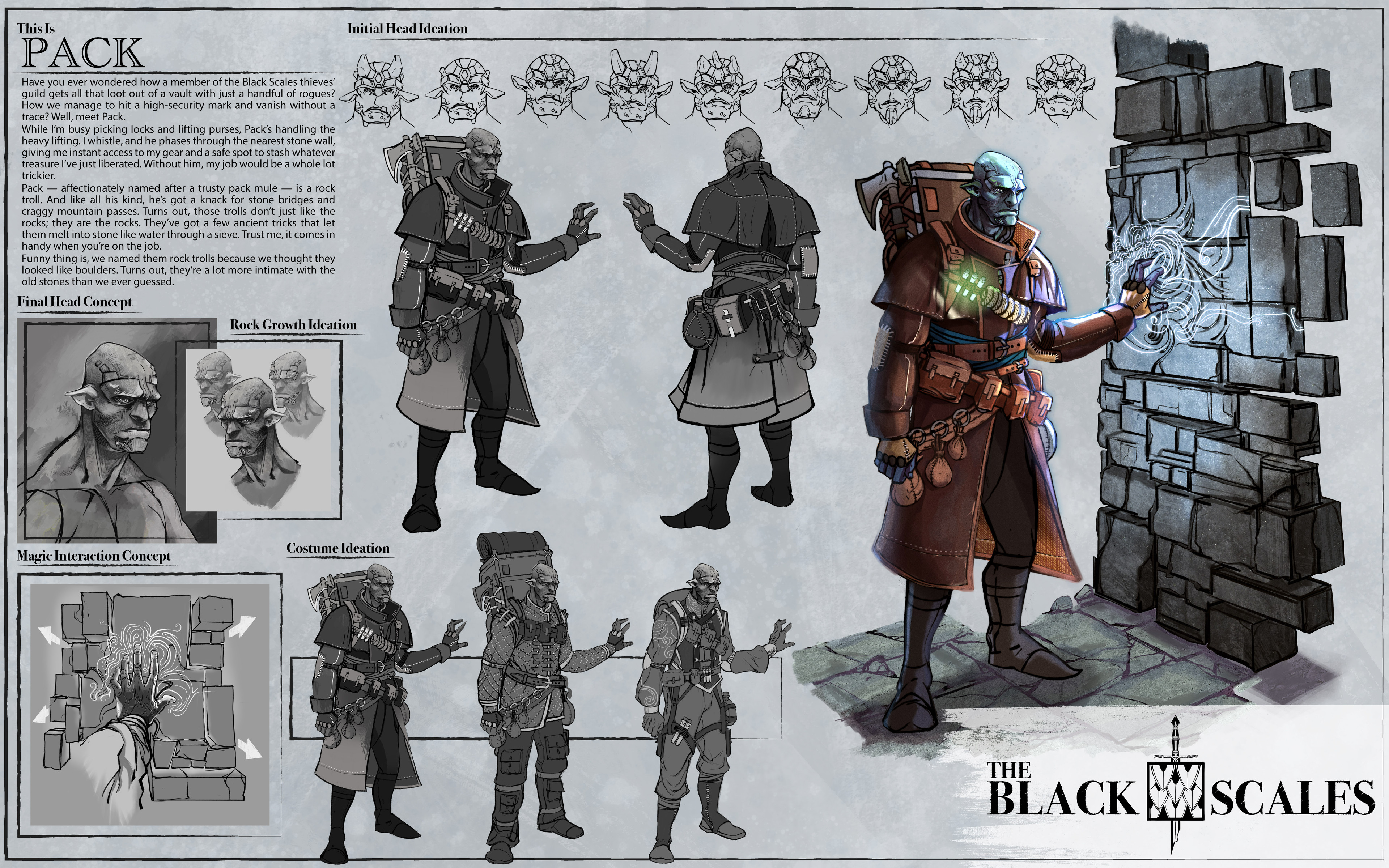 Pack concept art, pop-out page showing the final design, and various sketch explorations. 