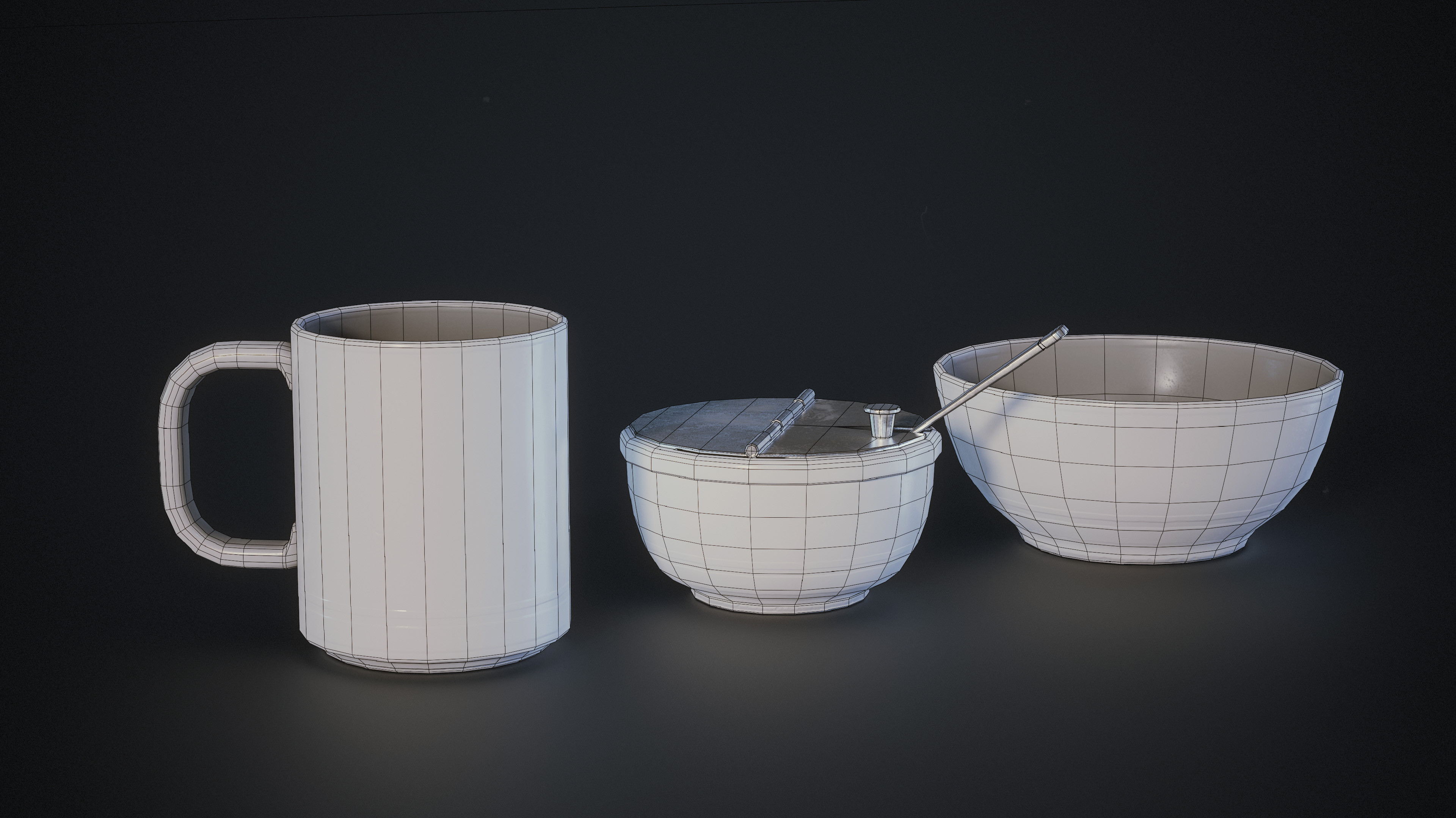 Mug - 1,242 tris
Sugar Dish - 1,532 tris
Bowl - 964 tris