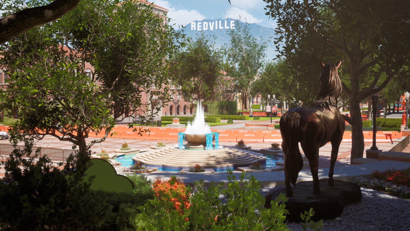 Redville Square Fountain &amp; Bronze Mascot