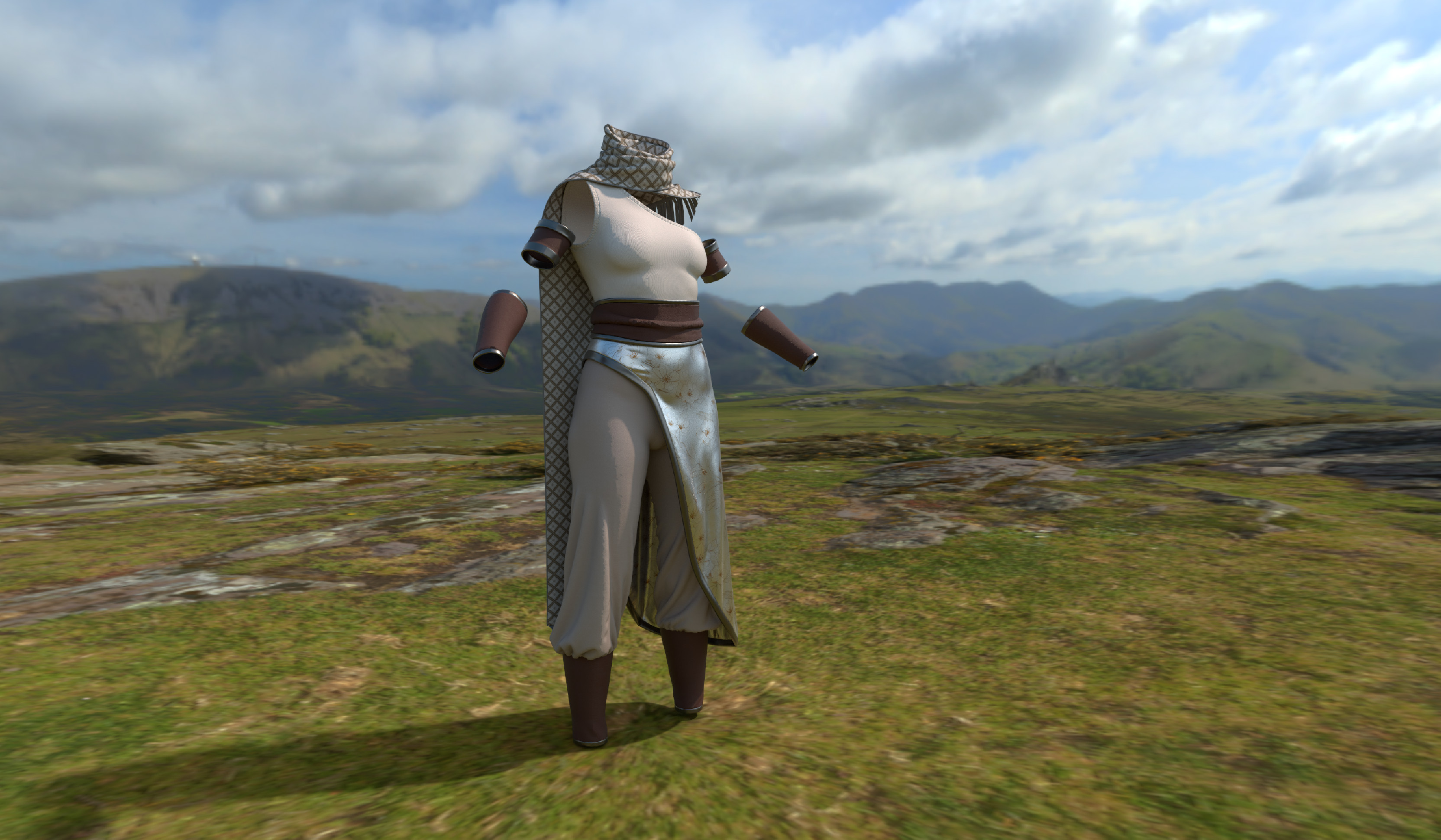 Iray test rendering from Substance Designer using a simple HDRI.  The floral pattern on the apron and the diamond pattern on the scarf are GenAI images.