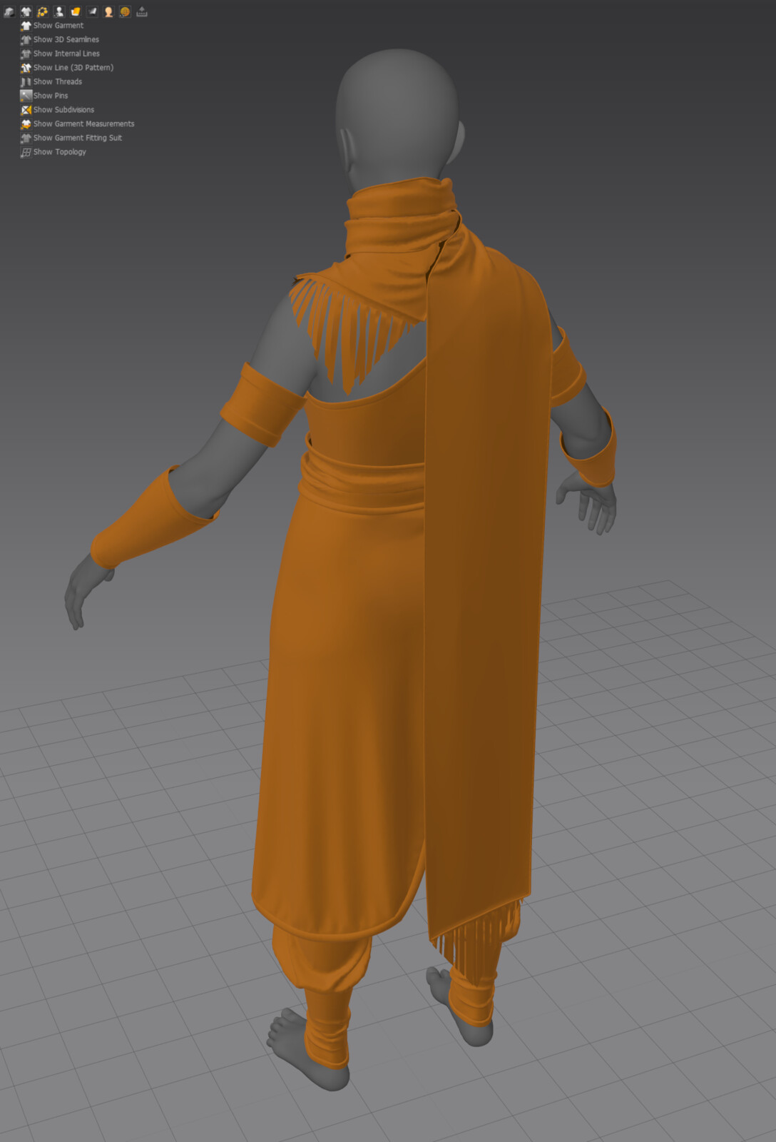 Marvelous Designer.  I added some fringing details to both ends of the scarf.  The technique was tedious as I made multiple cuts to a single triangular pattern.