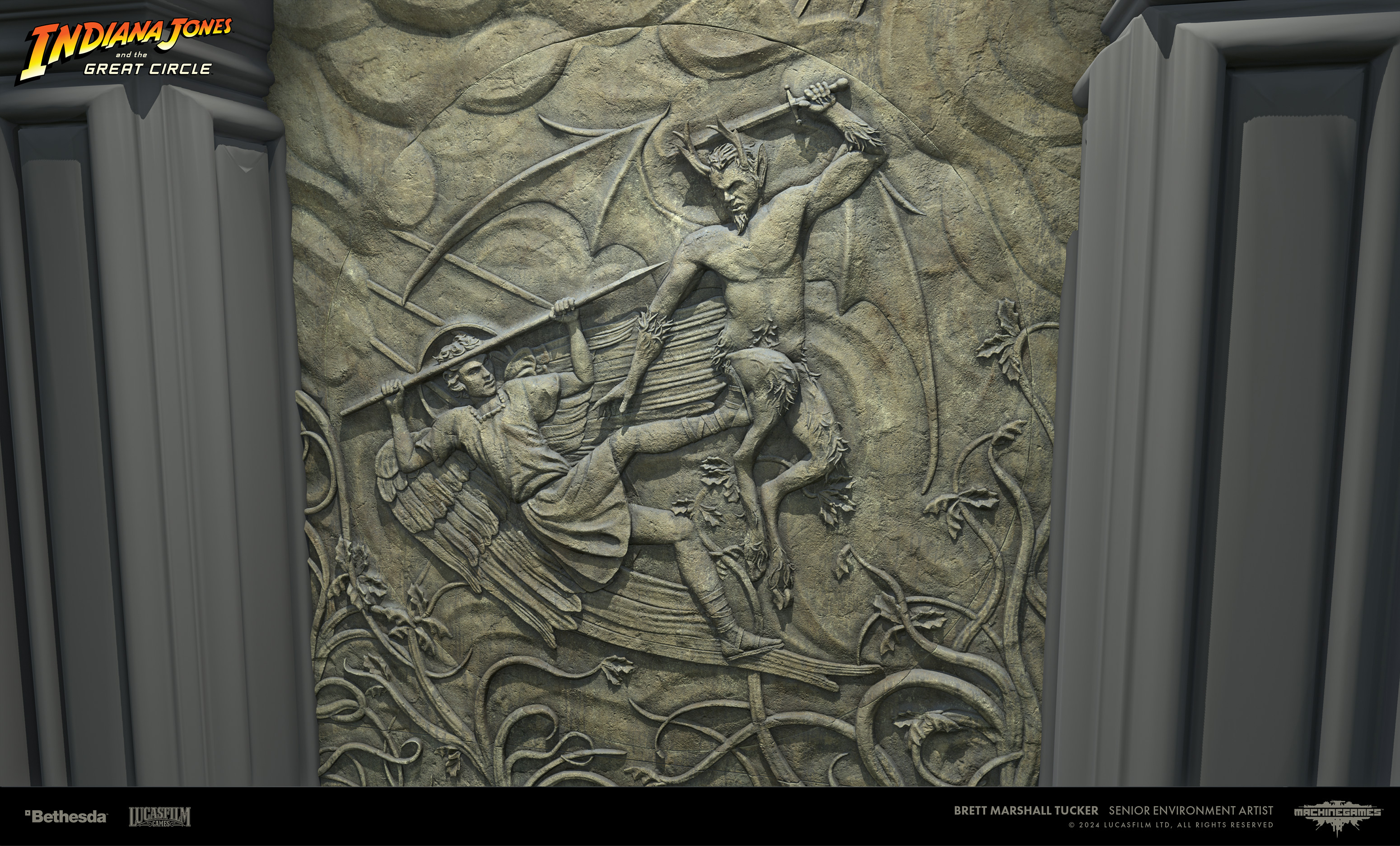 The central medallion rotates after solving the puzzle, making St. Michael the victor before the door opens. The sun rays above St. Michael will line up when it's correctly rotated.