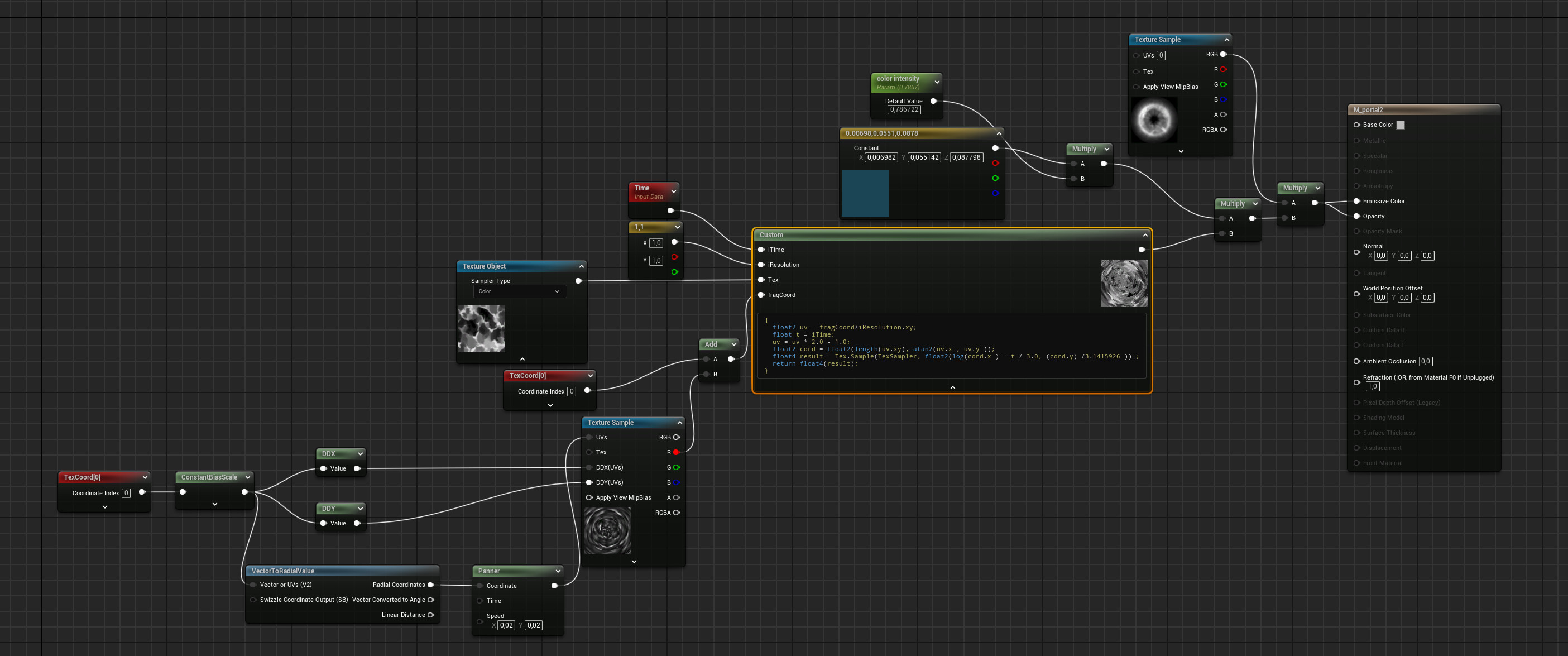 A compact HLSL material. It applies wave distortion in HLSL and additional noise added in nodes