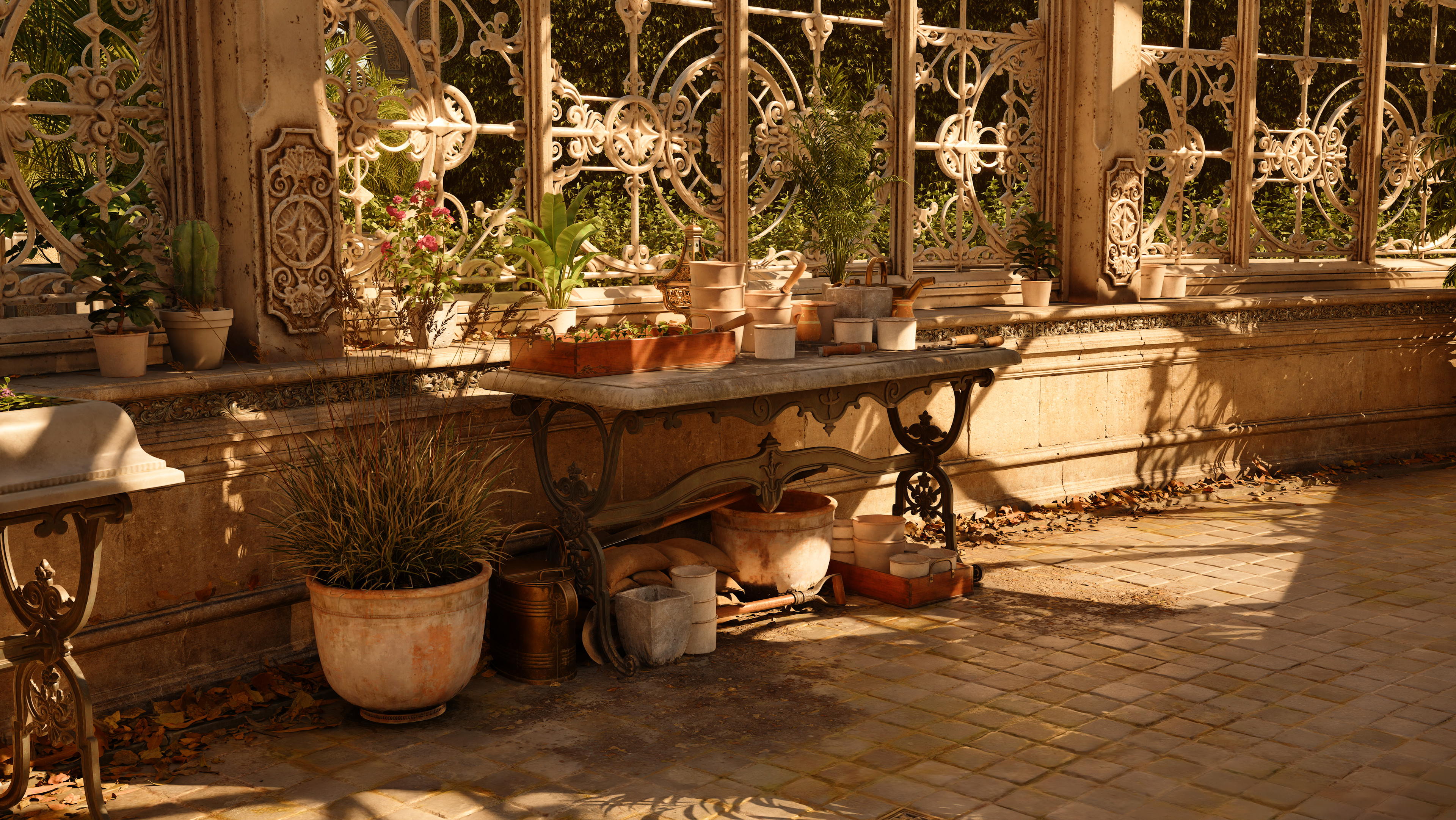 Derk Elshof made all these awesome square/diamond grid stone floor textures for Sponza and Greenhouse levels. I was only responsible for displacement + polyreduction + material blending setup