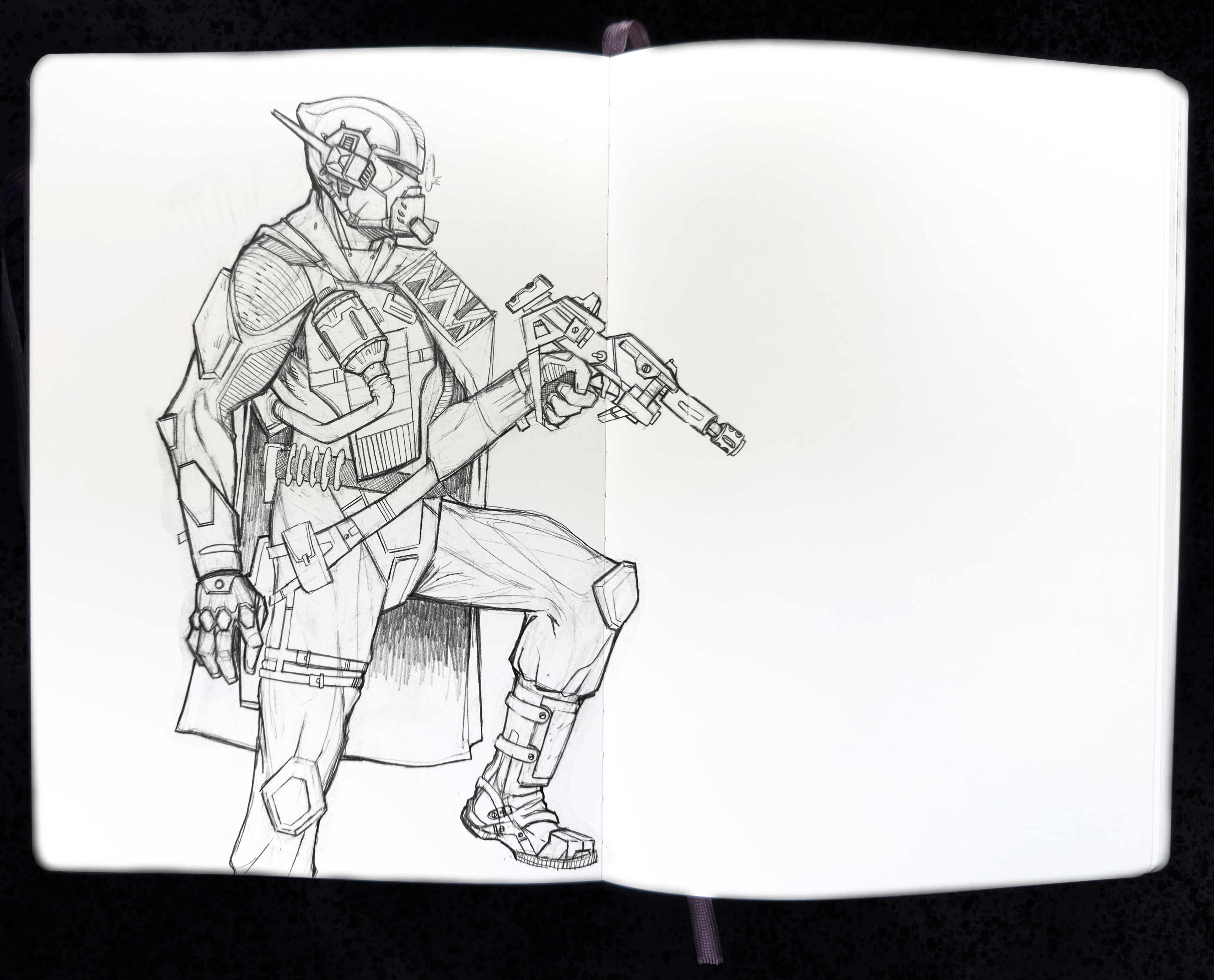 Drawn in pencil: Vigilant number 347 holding a small SMG, looking out over a rock, scanning the horizon for threats. 