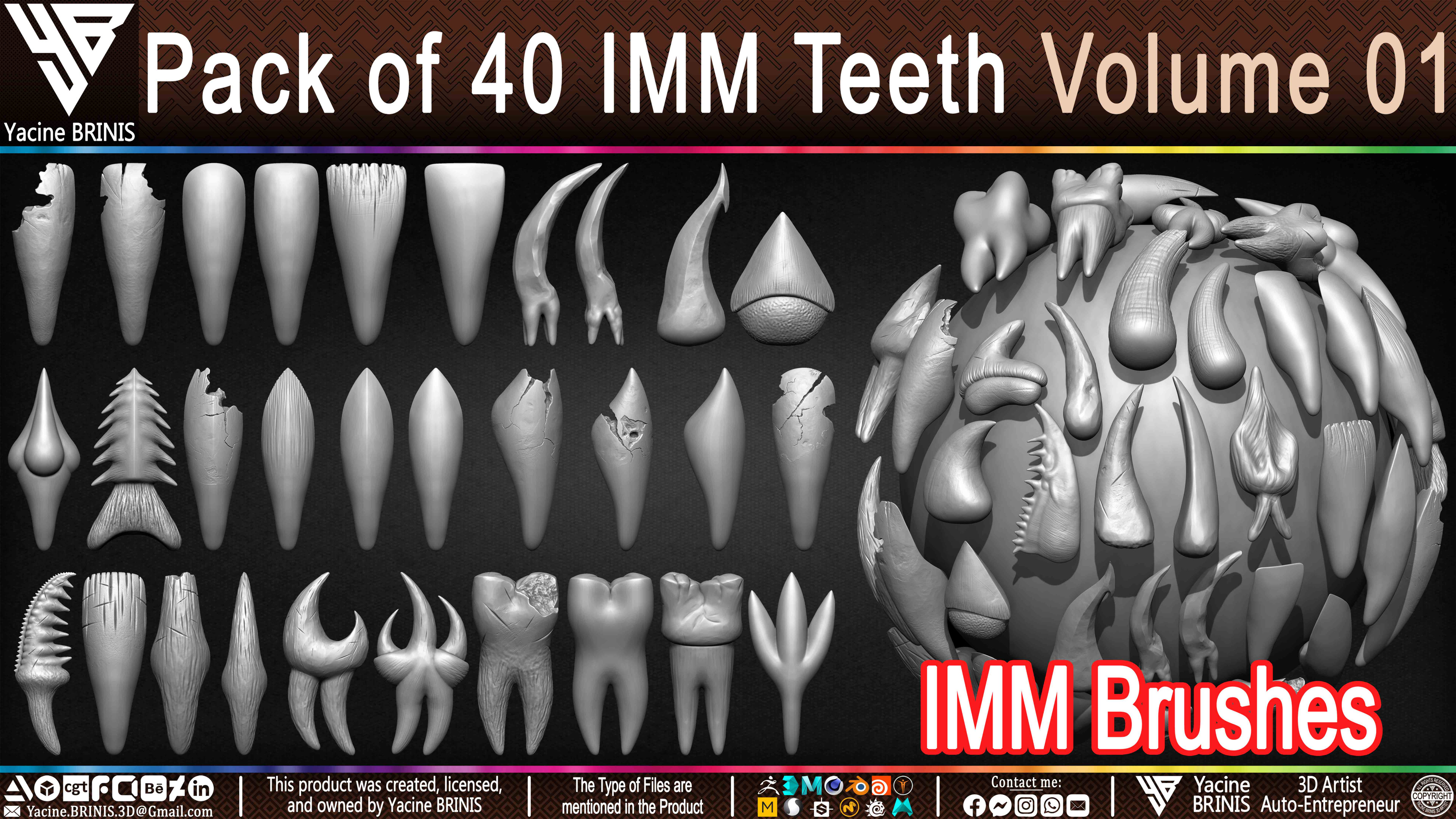 Pack of 40 IMM Teeth 3D Models for Humans Animals and Creatures Volume 01 Sculpted By Yacine BRINIS Set 001