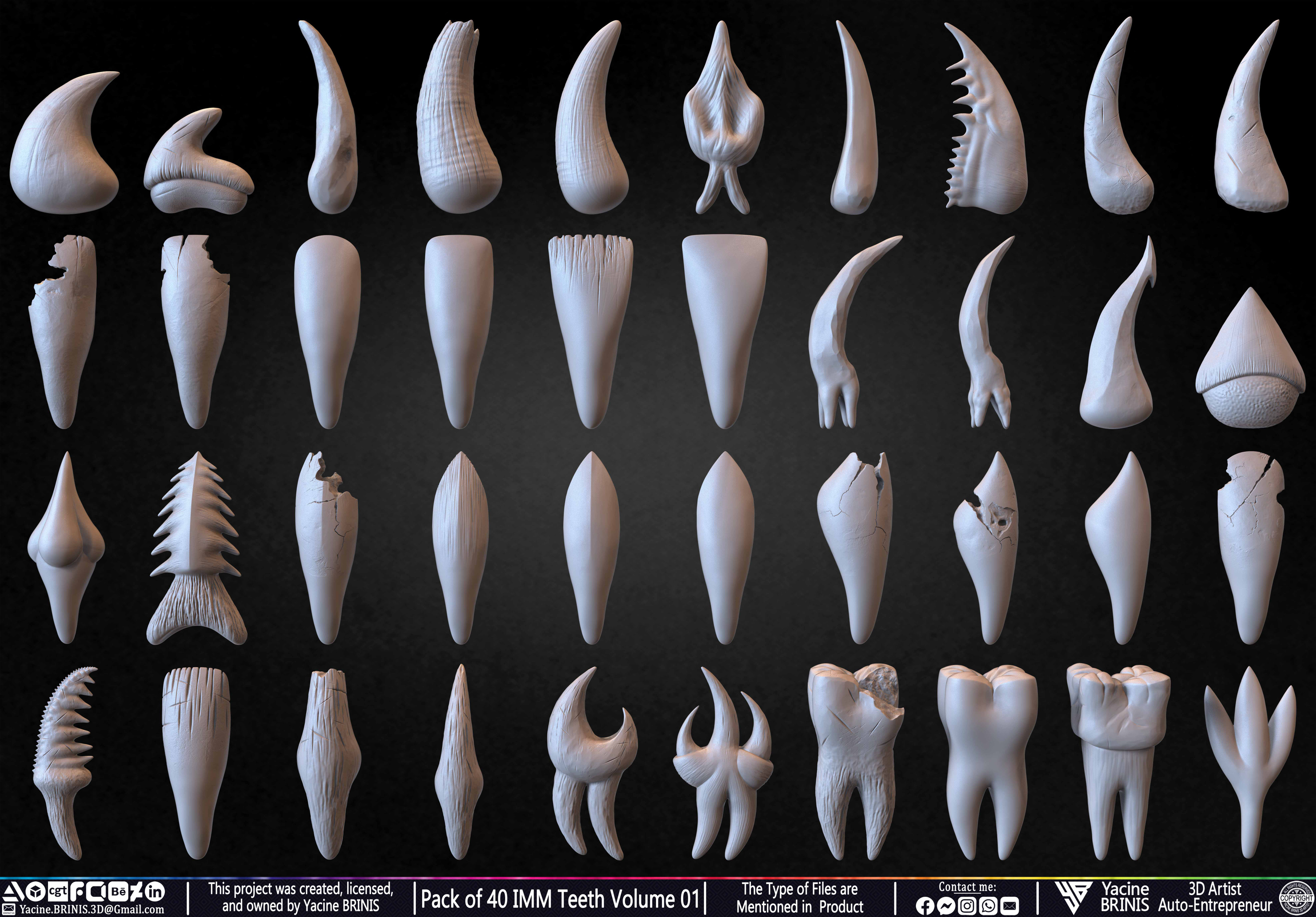 Pack of 40 IMM Teeth 3D Models for Humans Animals and Creatures Volume 01 Sculpted By Yacine BRINIS Set 008