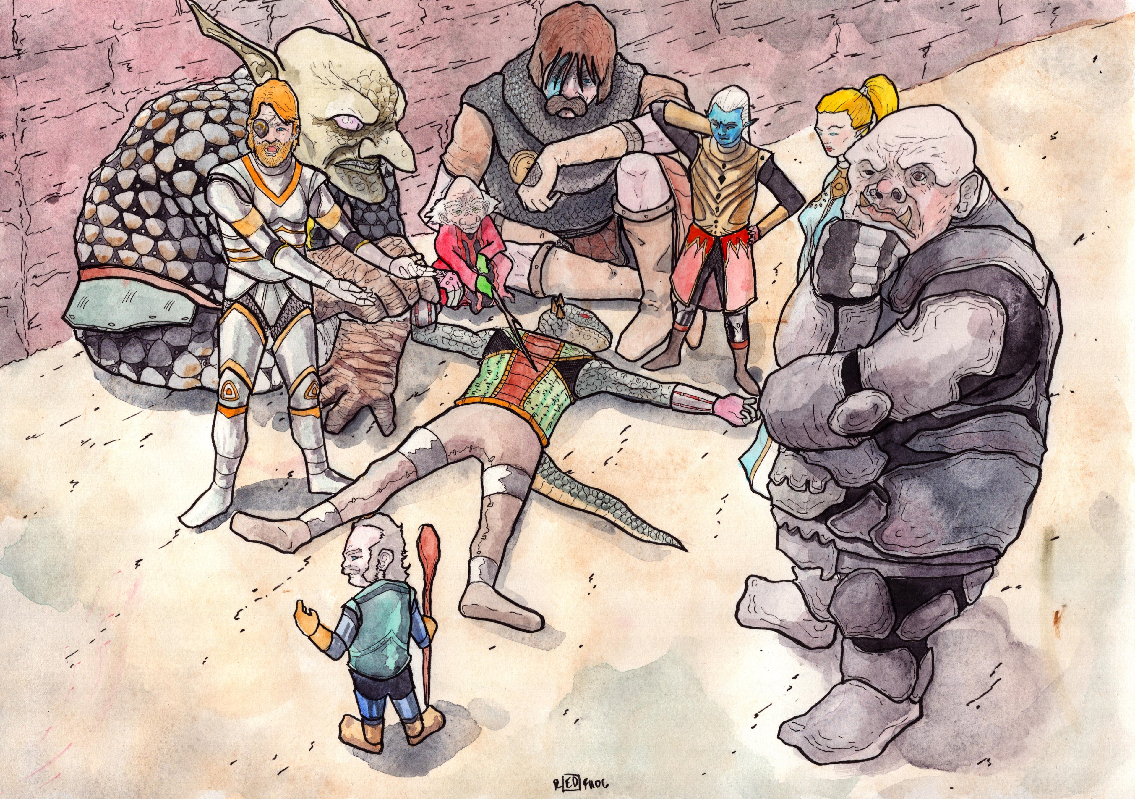 Watercolor and ink on paper. 