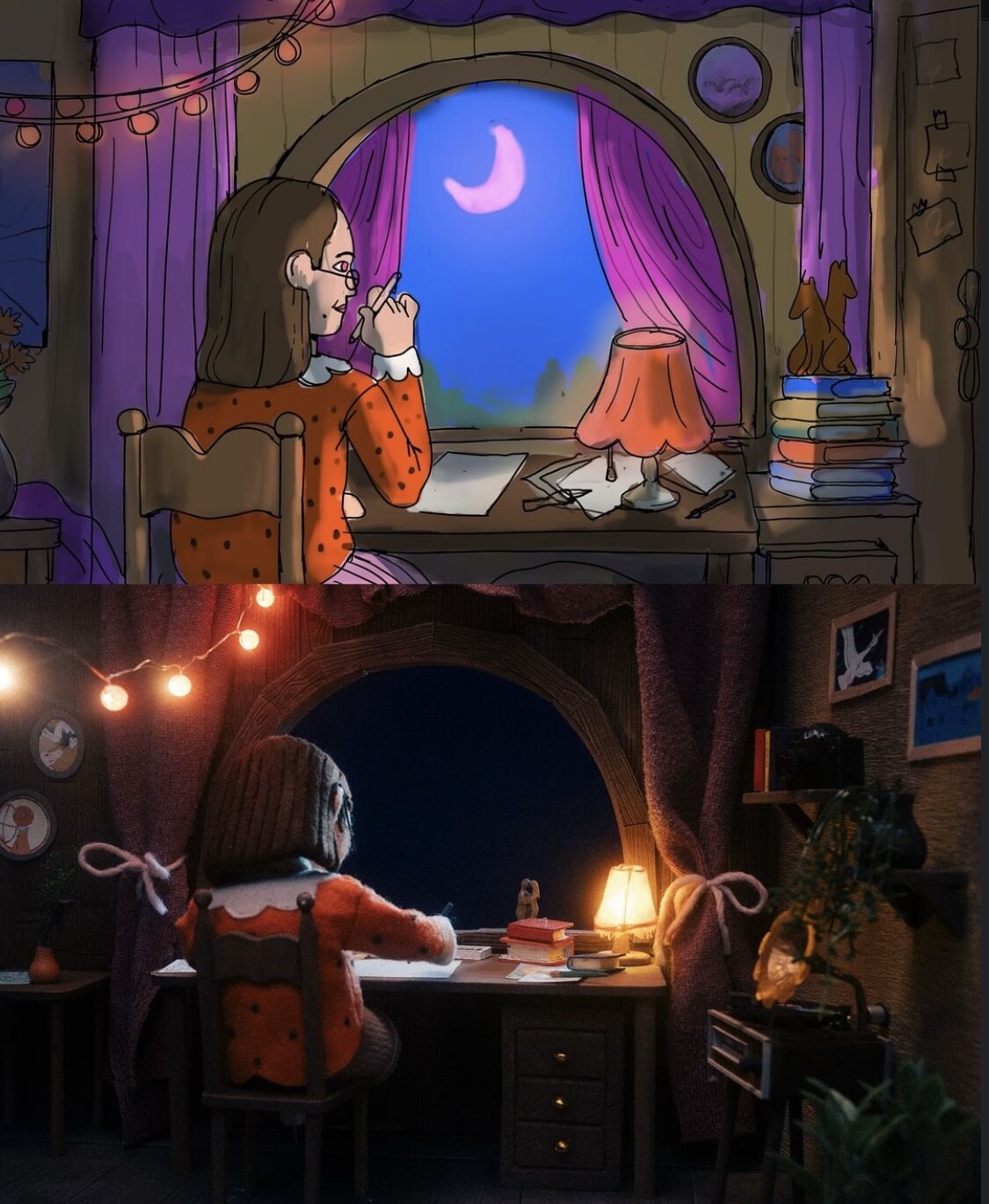 Concept Art by Raman Djafari next to the final Setdesign. 