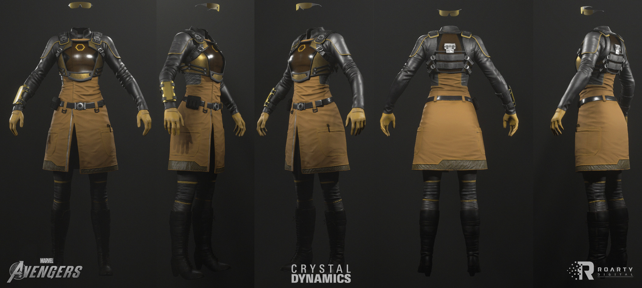 I worked on the HP/LP/Bakes for the armor, gloves, glasses, straps and parts of the vest that would interact with the said pieces. The other areas of the model were done by another artist.