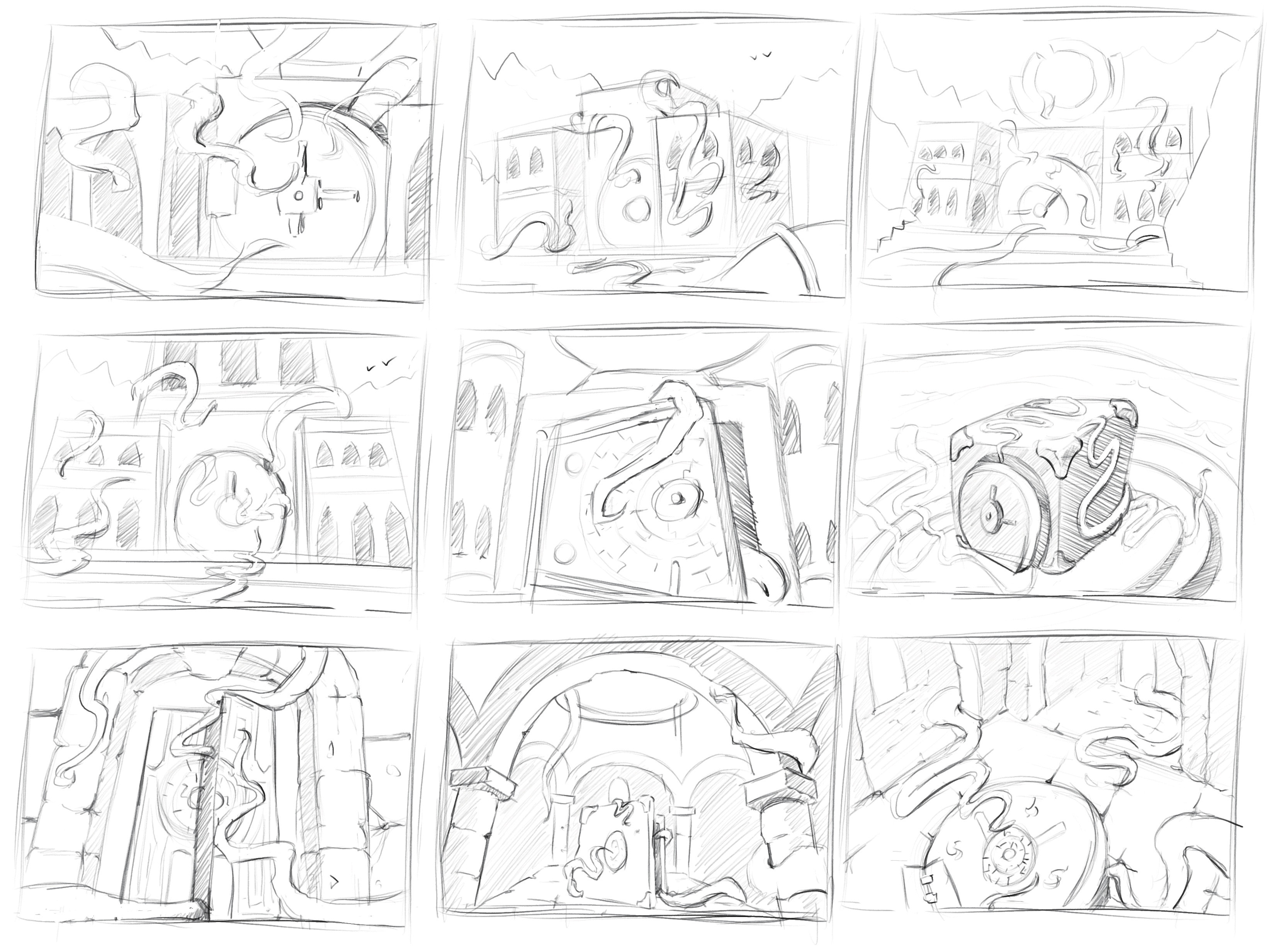Thumbnails
For the thumbnail stage I focused on a strong silhouette, while trying to indicate the ancient ruins around the vault.