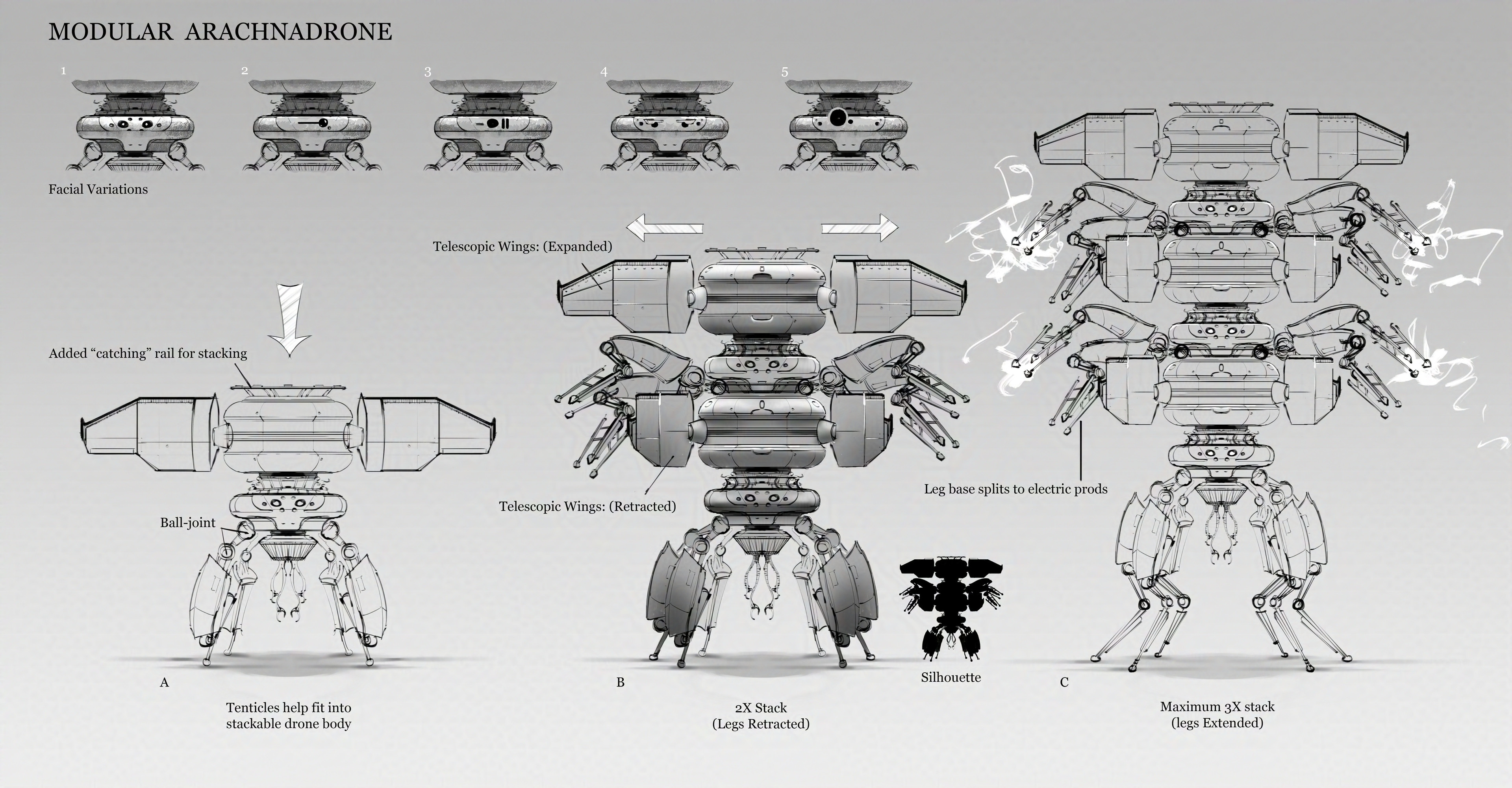 Arachnid AI Drone Modularity Sketches
designed variations of the face (or interface) for the drone. also explored how multiple drones would stack together to become a larger unit.