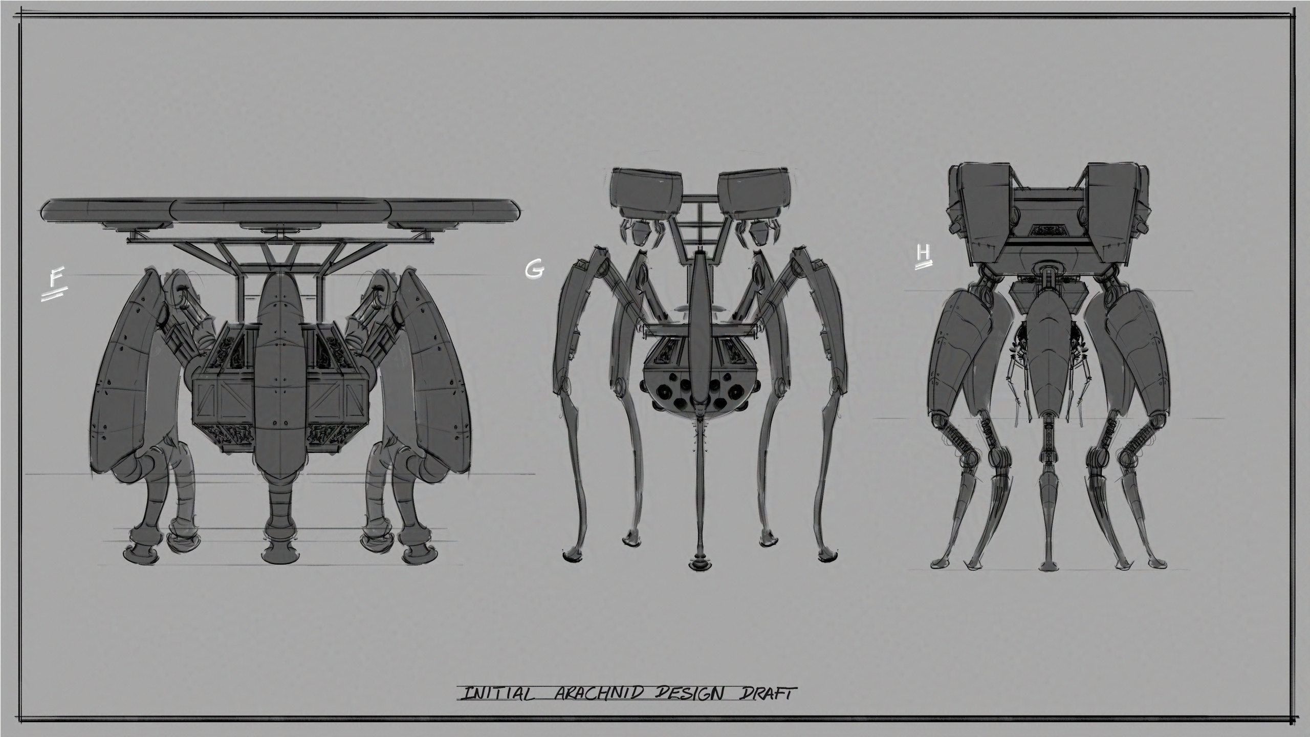 More Arachnid AI Drone Initial Sketches.
These leaned more to robotic and drone-like; It needed to perform certain actions in the scene. 
In the end, they went with H.