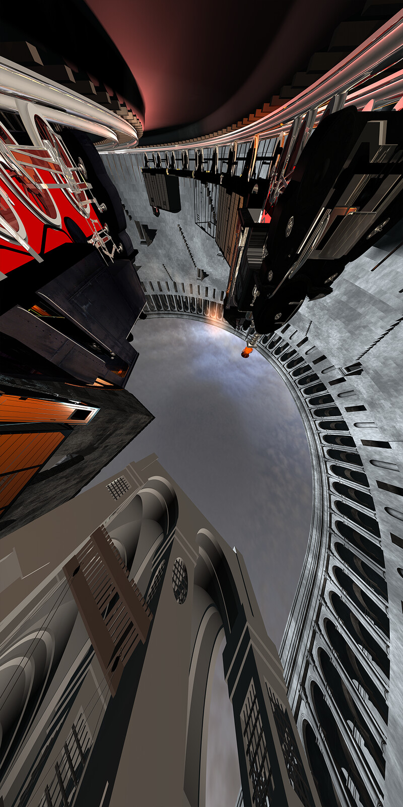 Extreme wide-angled shot of passing locomotives in the APES VR production