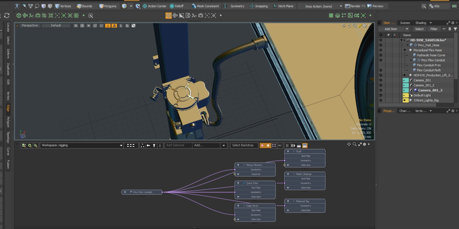 Procedural Flex-tube - Use-case: multiple positions needed for a given lift with flex-tube correctly connected: CAD flex tube of course is static and geometrically incorrect.  