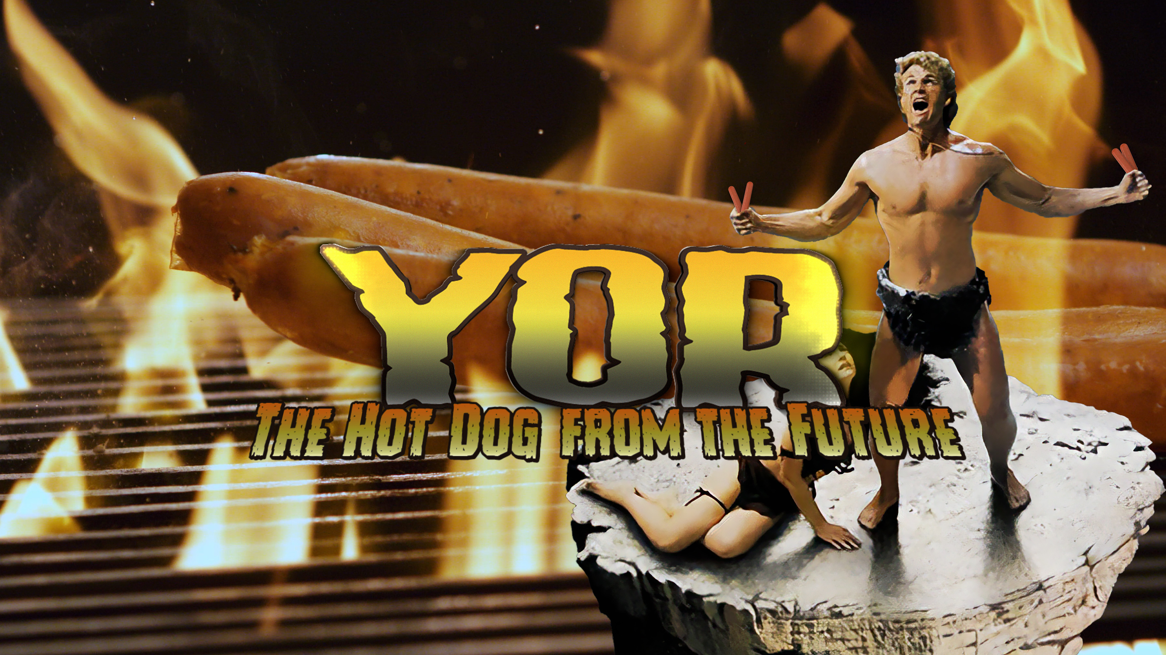 Main Logo for "YOR: The Hot Dog of the Future" which aligns with artwork from the Rifftrax movie riff of "YOR: The Hunter from the Future".