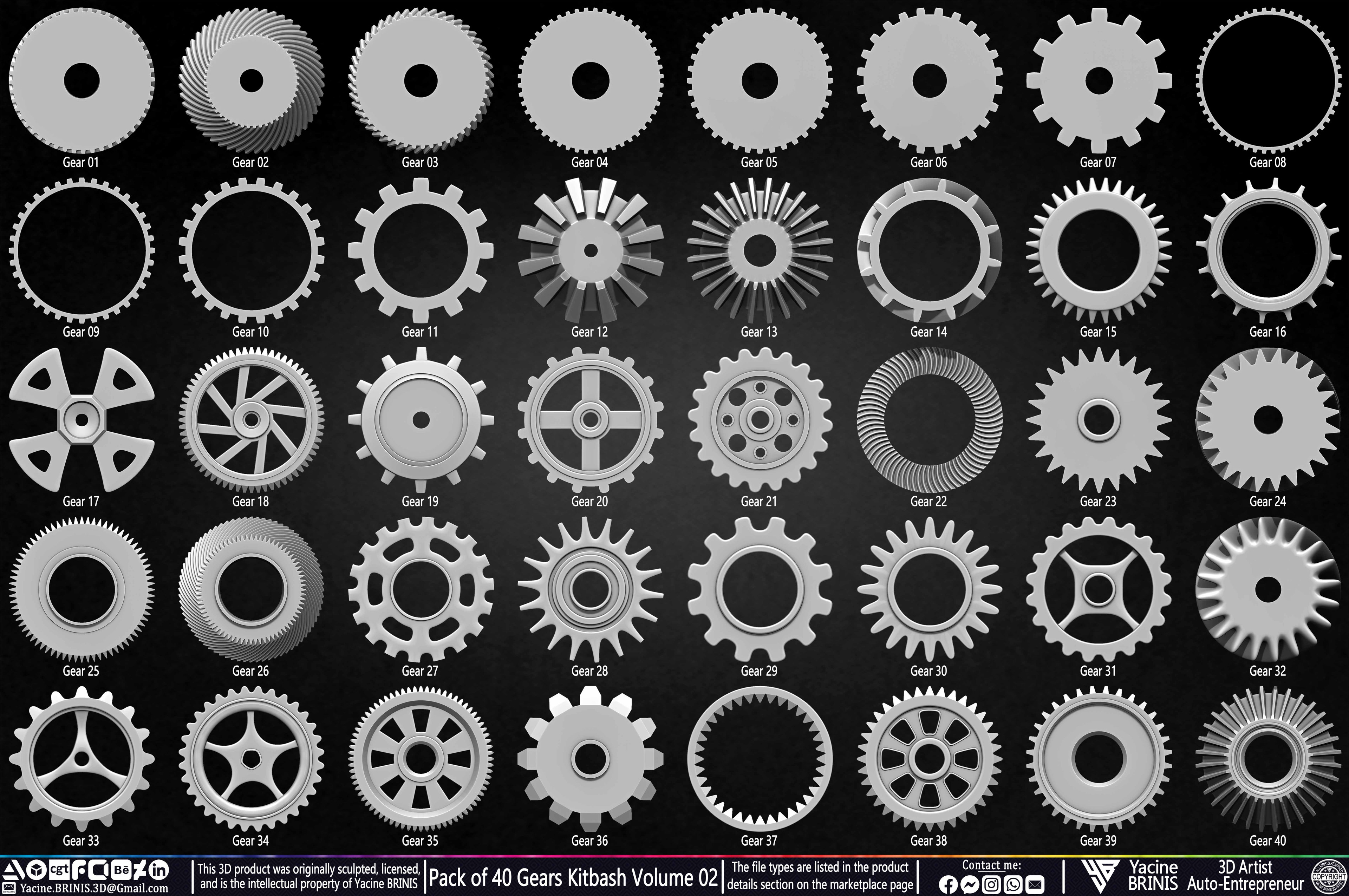 Pack of 40 Gears Kitbash Volume 02 Sculpted by Yacine BRINIS Set 002