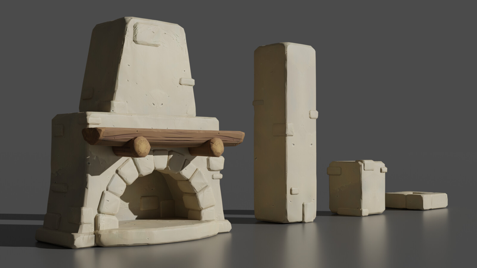 Modeled + sculpted + retopo in Blender. LOD0 = 5761 tris (for all parts together). 2 sets of materials (oven, all the chimney parts). Base plaster material created in Substance Designer, projection + high poly bake in Substance Painter.