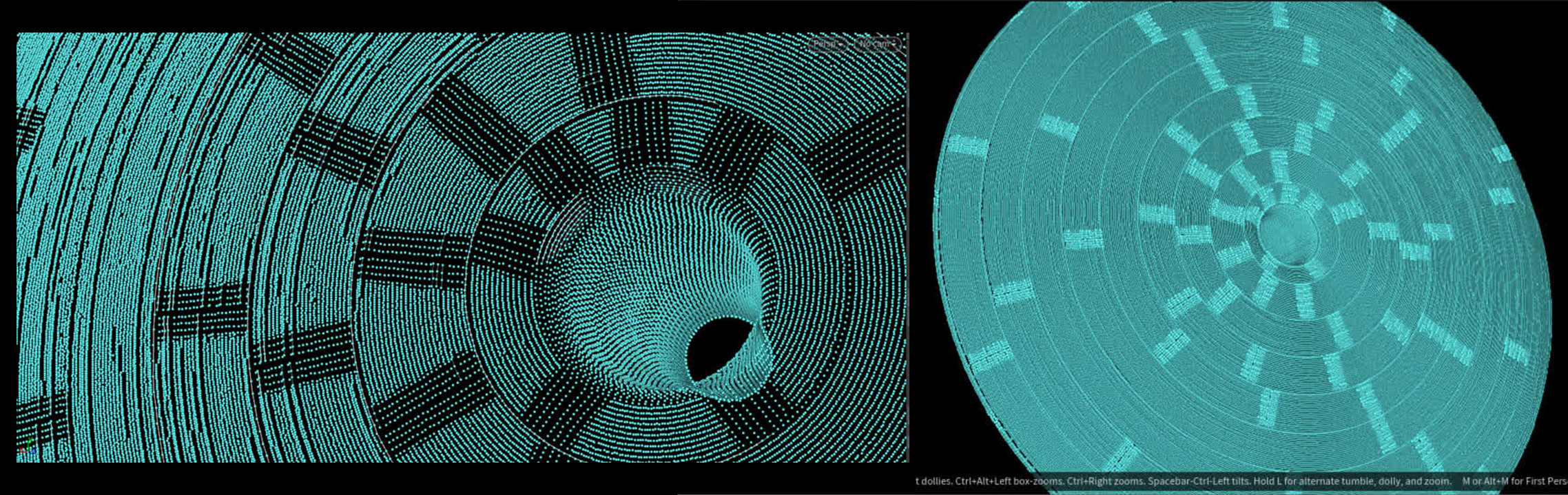 An example of the point cloud setup and orientation within Houdini. Instanced geometry and masking techniques were used for big effect