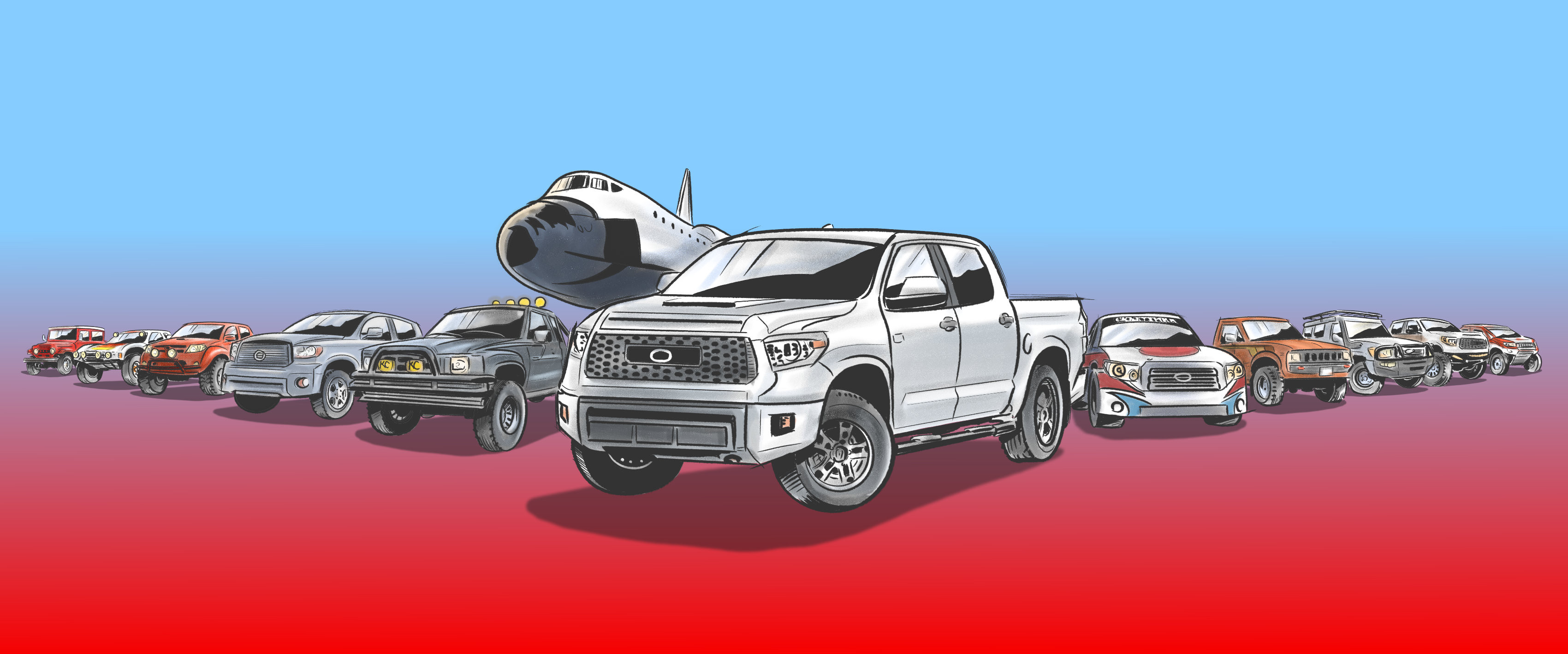 A lineup of all of the vehicles appearing in the spot