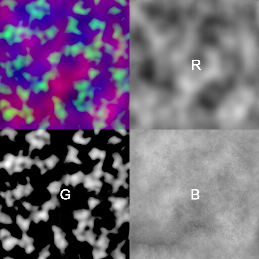 Only one 256x256 RGB texture was used for the effect - a composite texture with 3 different kinds of noise baked into each texture channel