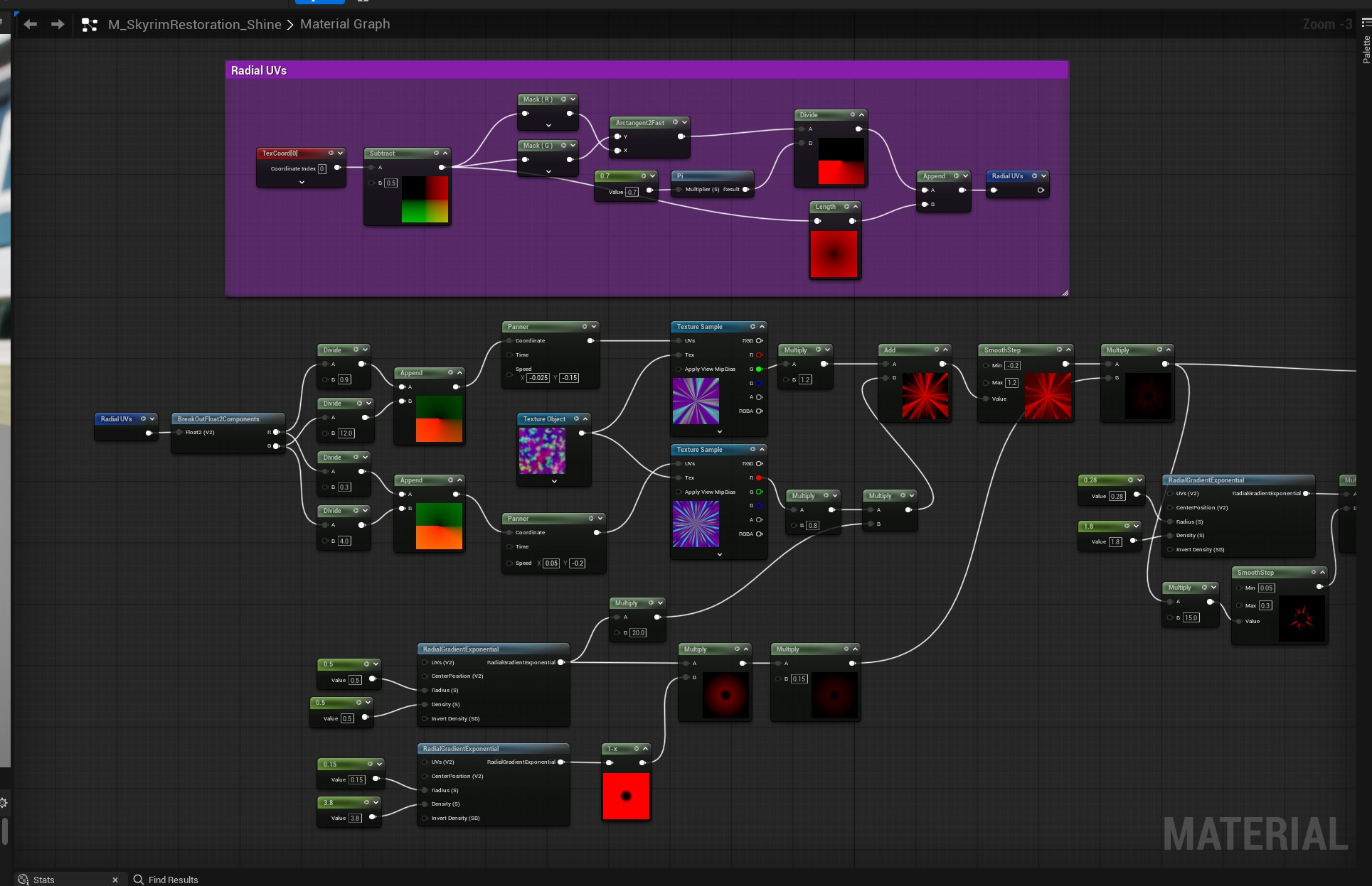 The materials for all the effects are a combination of panning these noise textures (often radially) and masking them with radial gradients