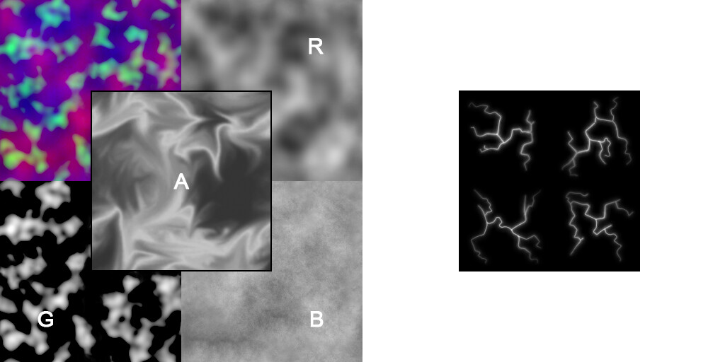 2 textures this time - one for the classic RGBA composite noise that drives basically everything, and then another 256x256px spritesheet for the lightning (handdrawn in PS)