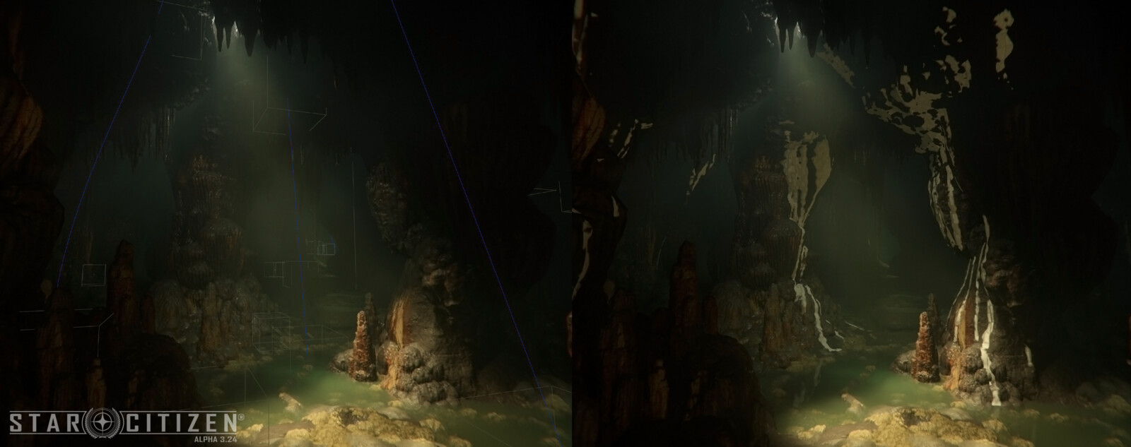 The water stream tools take the spline as the main input and create water lines. What you see on the right are the finished assets with checkered texture that I used for testing and making sure it looks fine on the UV (such as speed and directions)