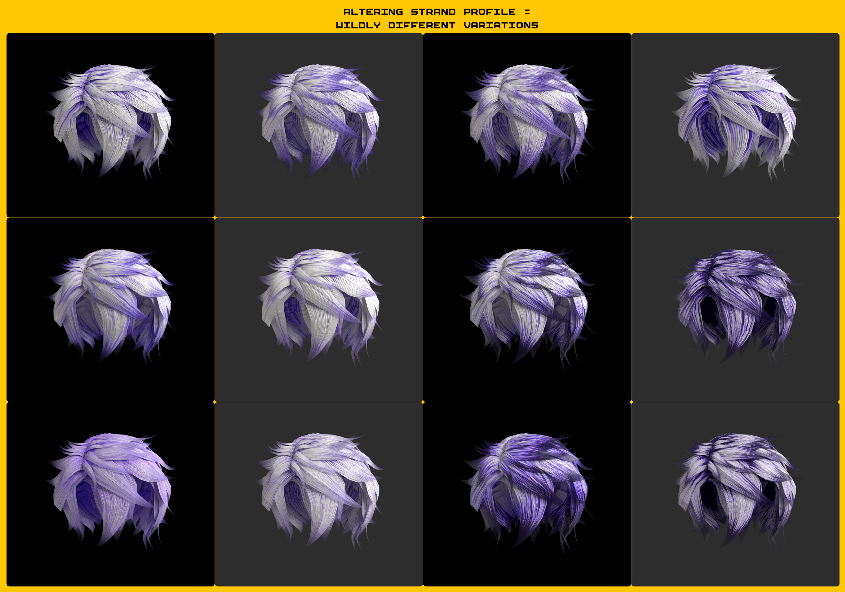 Using a singular gradient map, but different strand prolfies, different styles of a similar nature can be iterated through. 
