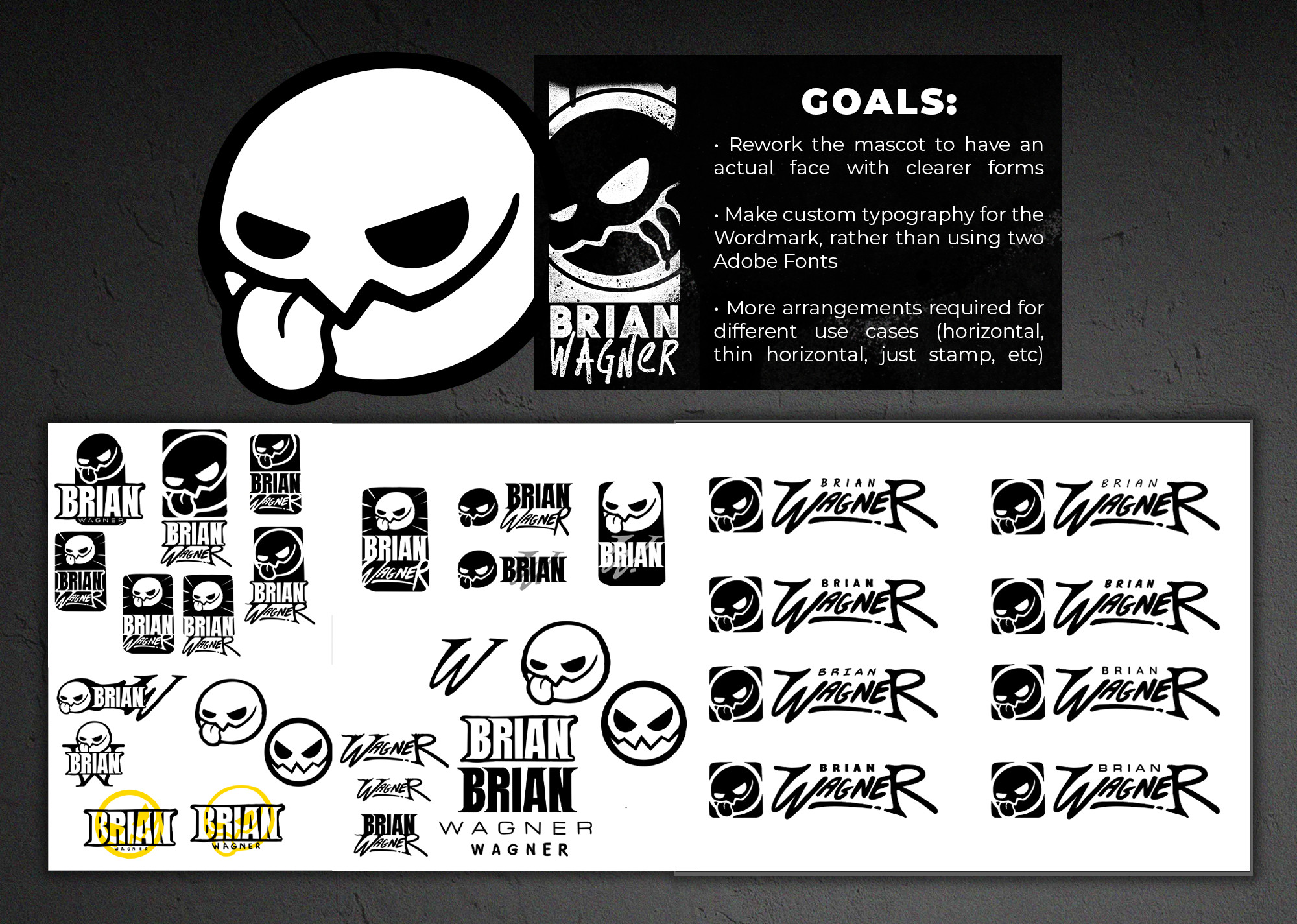 My process began drawing between Procreate and Illustrator on my iPad. I prototyped a ton of ideas for revamping my branding, and used both custom written type and fonts available via Adobe CC.