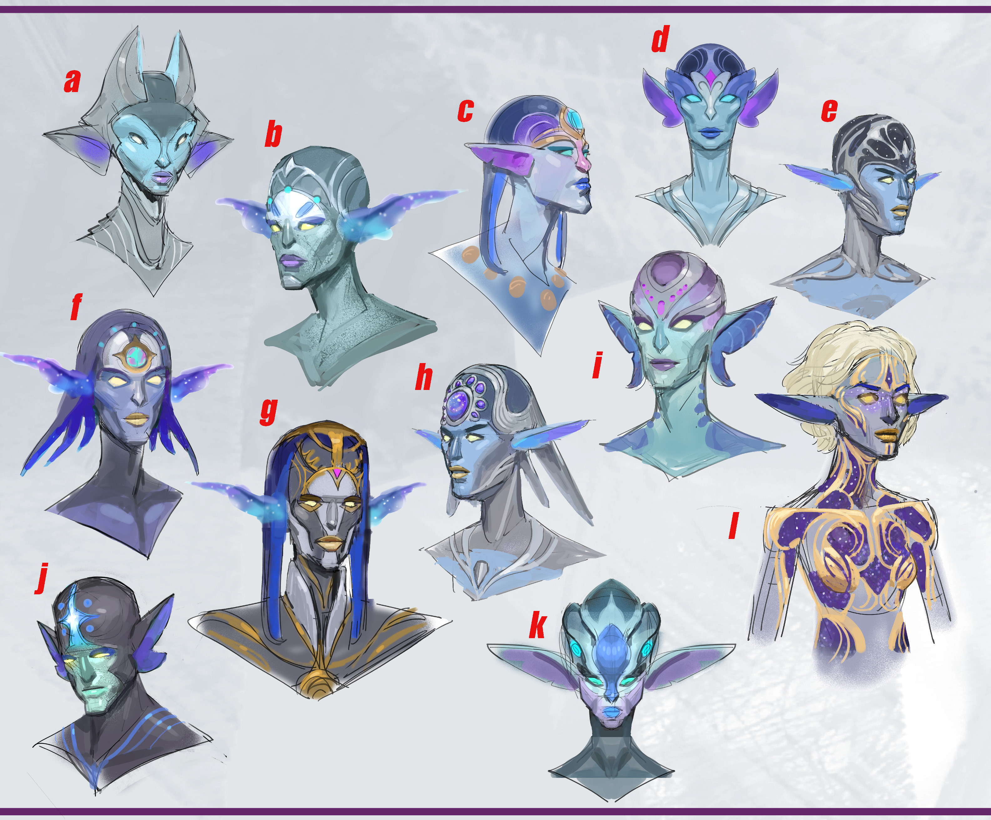 Space elf exploration. We tried varying degrees of alien-ness before deciding to go with a more classic elfish look.