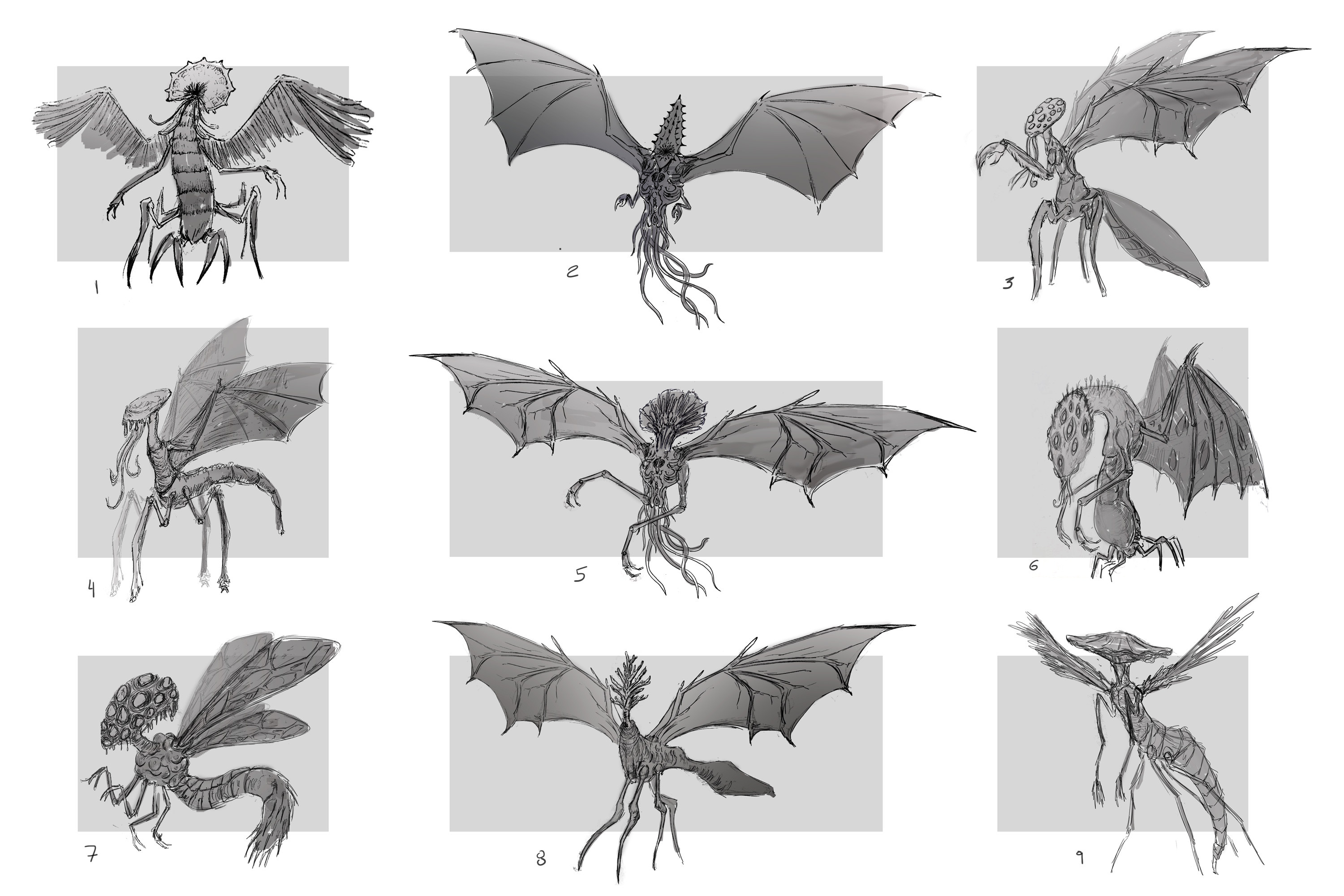 The sketches focused on exploring the otherwordly presence of the Mi-Go. Staying true to Lovecraft´s descrptions-fungoid crustacean-like beigns with wings.
The goal was to create a form that defied Earthly biology but suggested intelligence