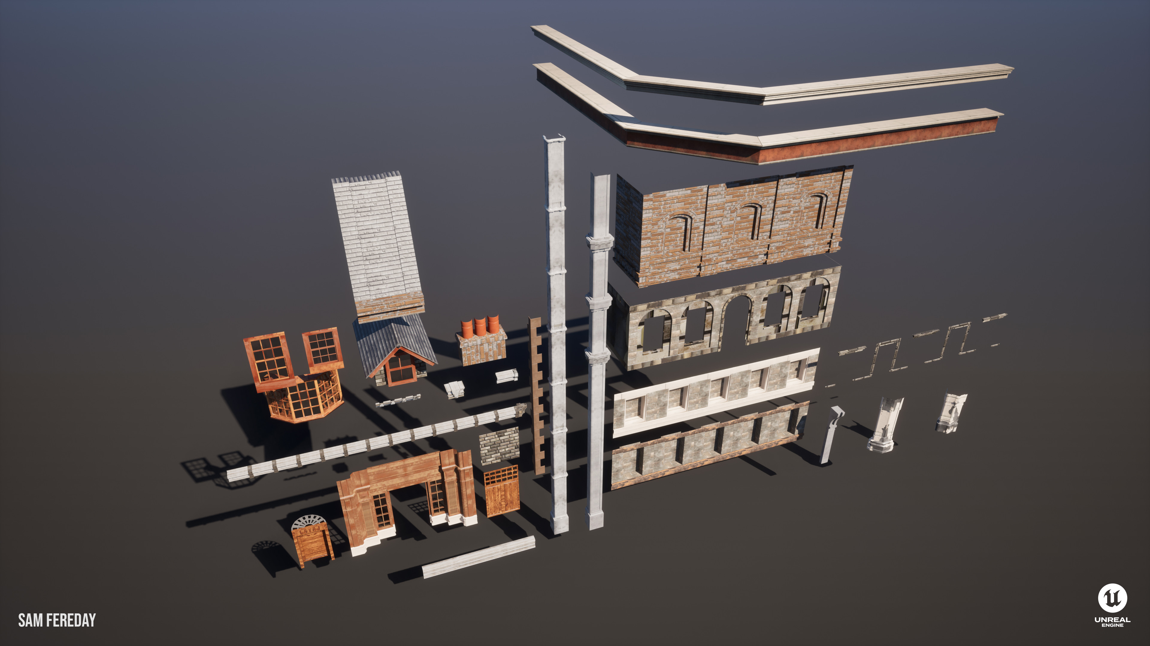 Similar to the props, this kit ended up forming the majority of the buildings that can be seen. Vertex painting, material swapping and combinations of different meshes allowed for variation which was absolutely key to keep things interesting.