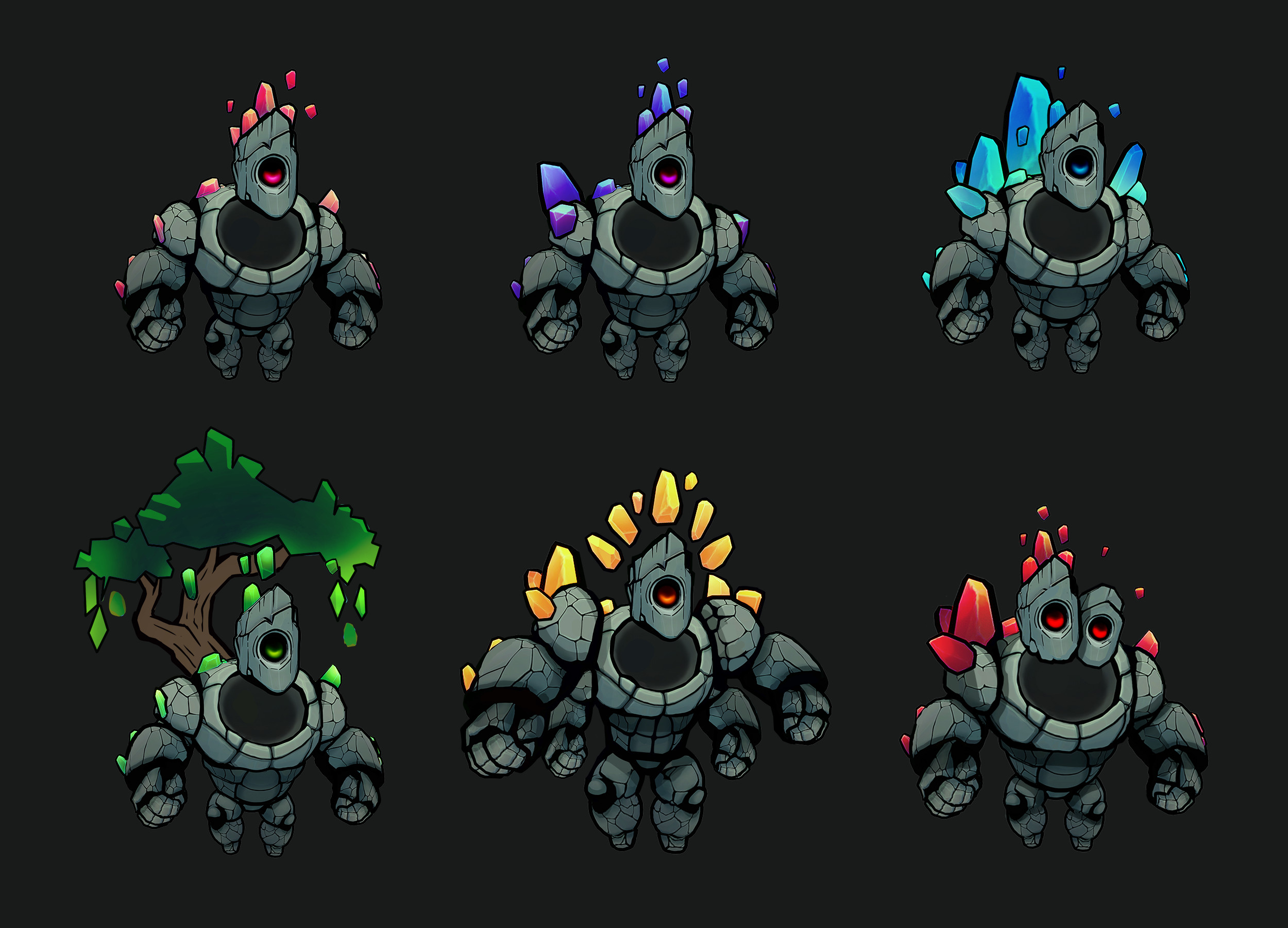 Some "boss version" ideas I made by recombining bits and pieces of Rock, plus some doodling in Photoshop. The goal was a boss variant that would be relatively low-cost for us to make but still feel pretty cool.