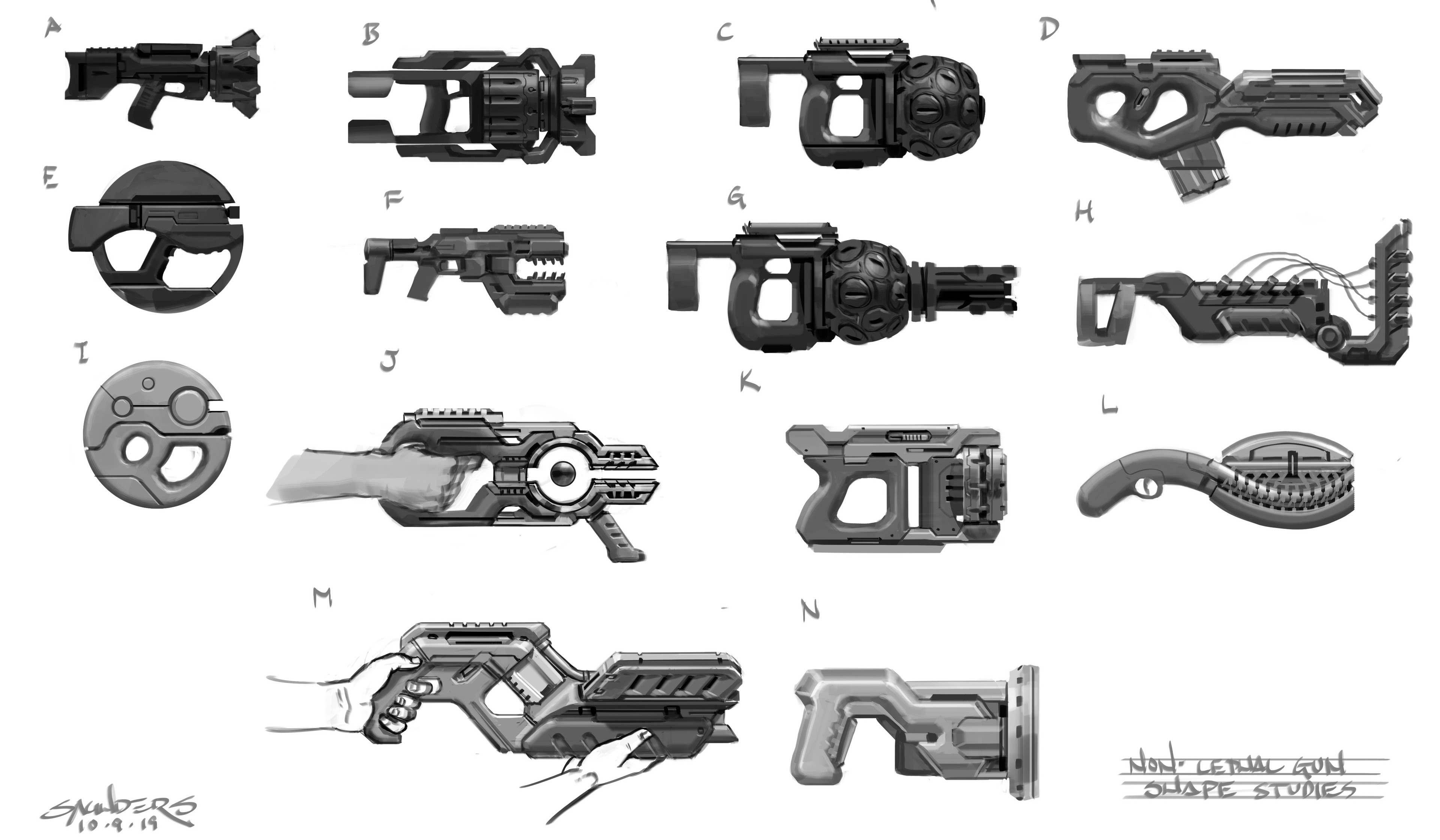 Some silhouette exploration, looking for shapes that broke from the traditional gun and telegraphed their non-lethal nature. I tried to play the yin/yang symbol into a few as well. 