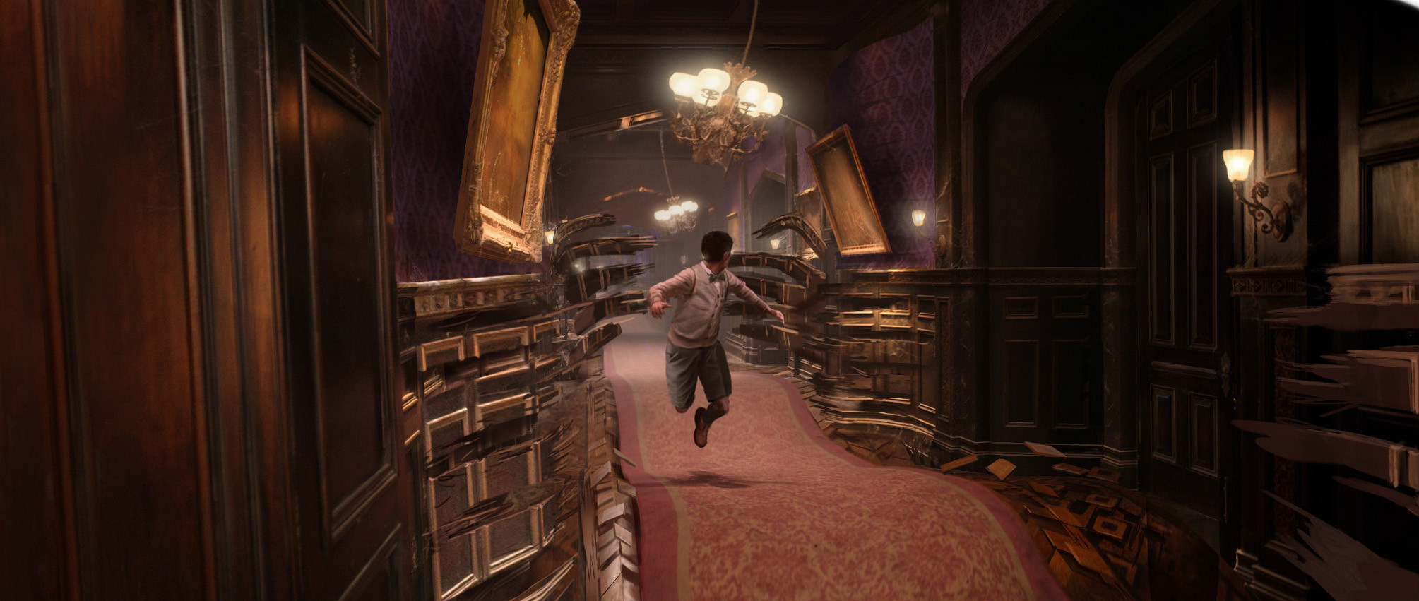 Rippling walls and floors, which would try to trip up our hero. As well, the mouldings would tear off and form hands that would try to grasp him. some practical effects would have to be used here to create an undulating surface for the actor. 