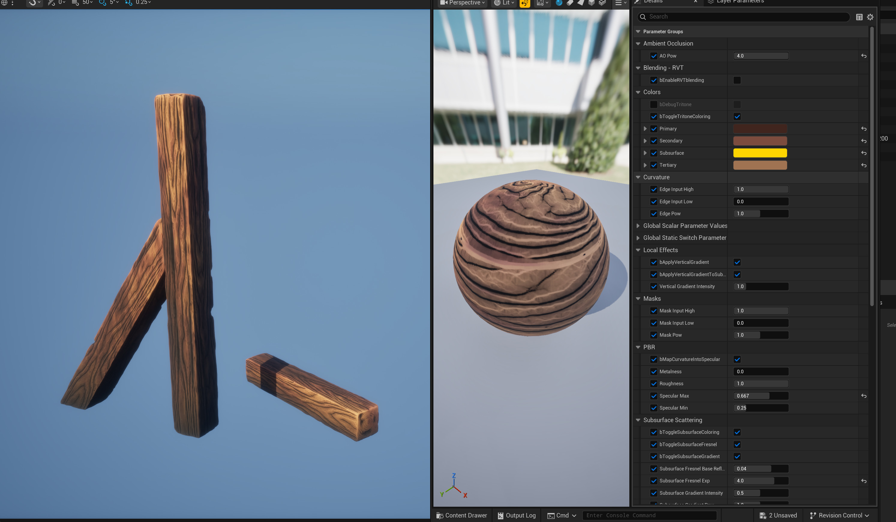 Example of simple wooden beams procedurally modeled and all sharing the same material instance, sampling MOC textures from a texture array