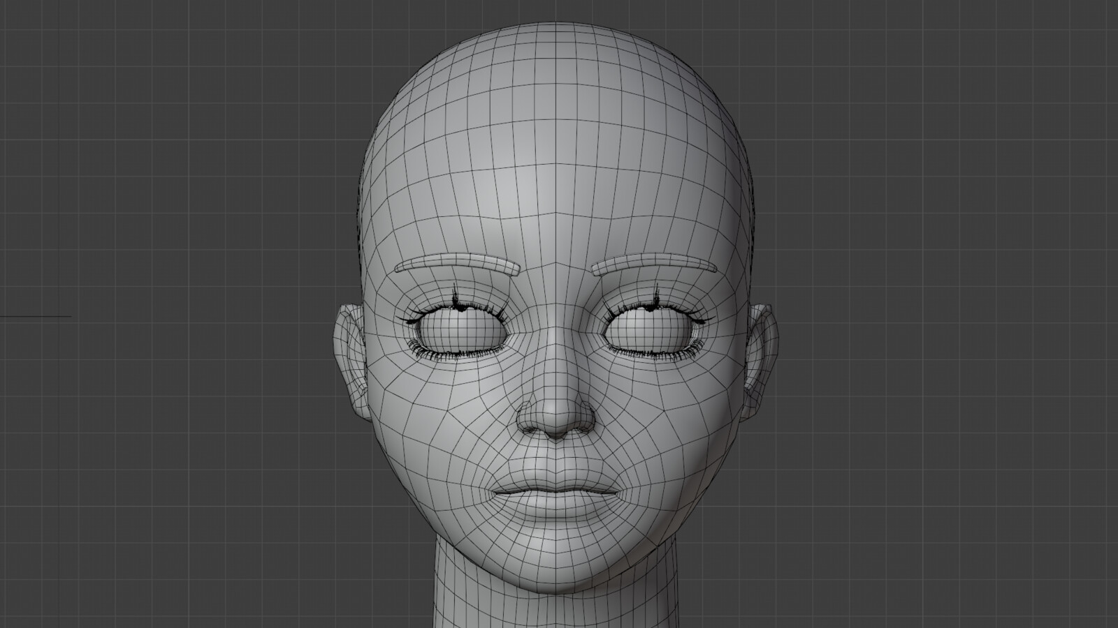 Front-facing view showcasing facial topology flow and overall proportions of the animation-ready mesh.