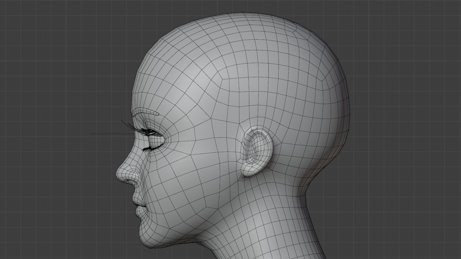 Side profile of the retopologized model showing proper edge loops and topology flow for facial deformation.