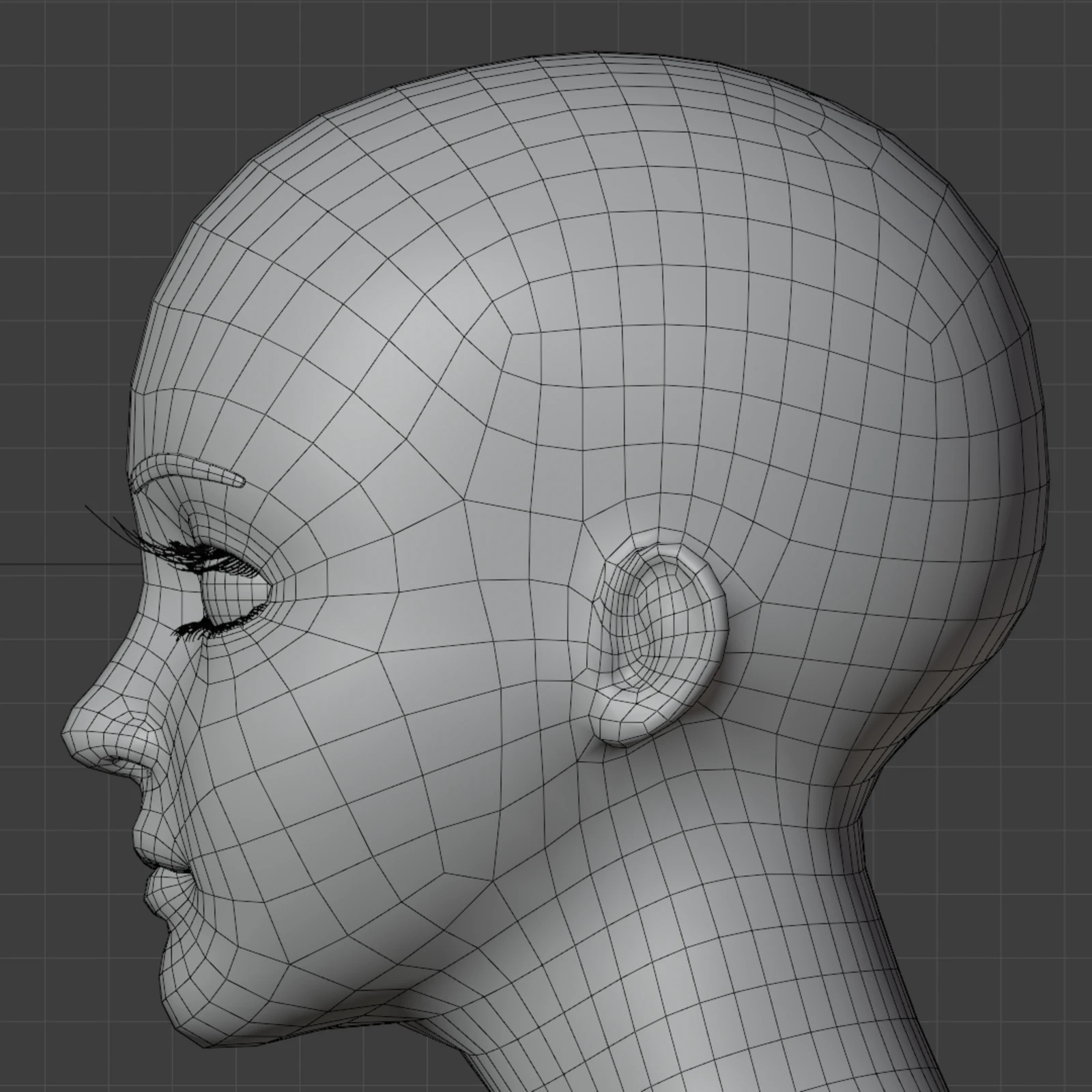 Side profile of the retopologized model showing proper edge loops and topology flow for facial deformation.