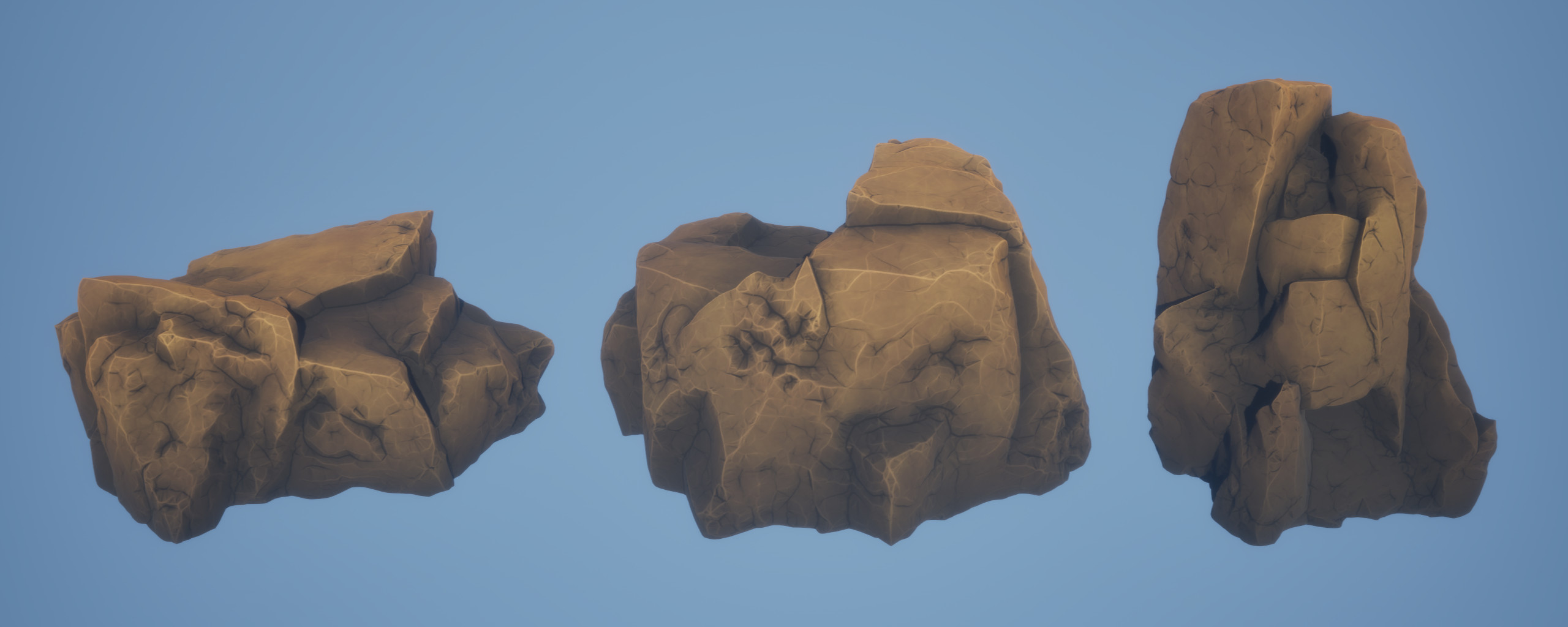 Generated meshes from three different basic six-sided rectangular prisms imported into the Unreal editor
