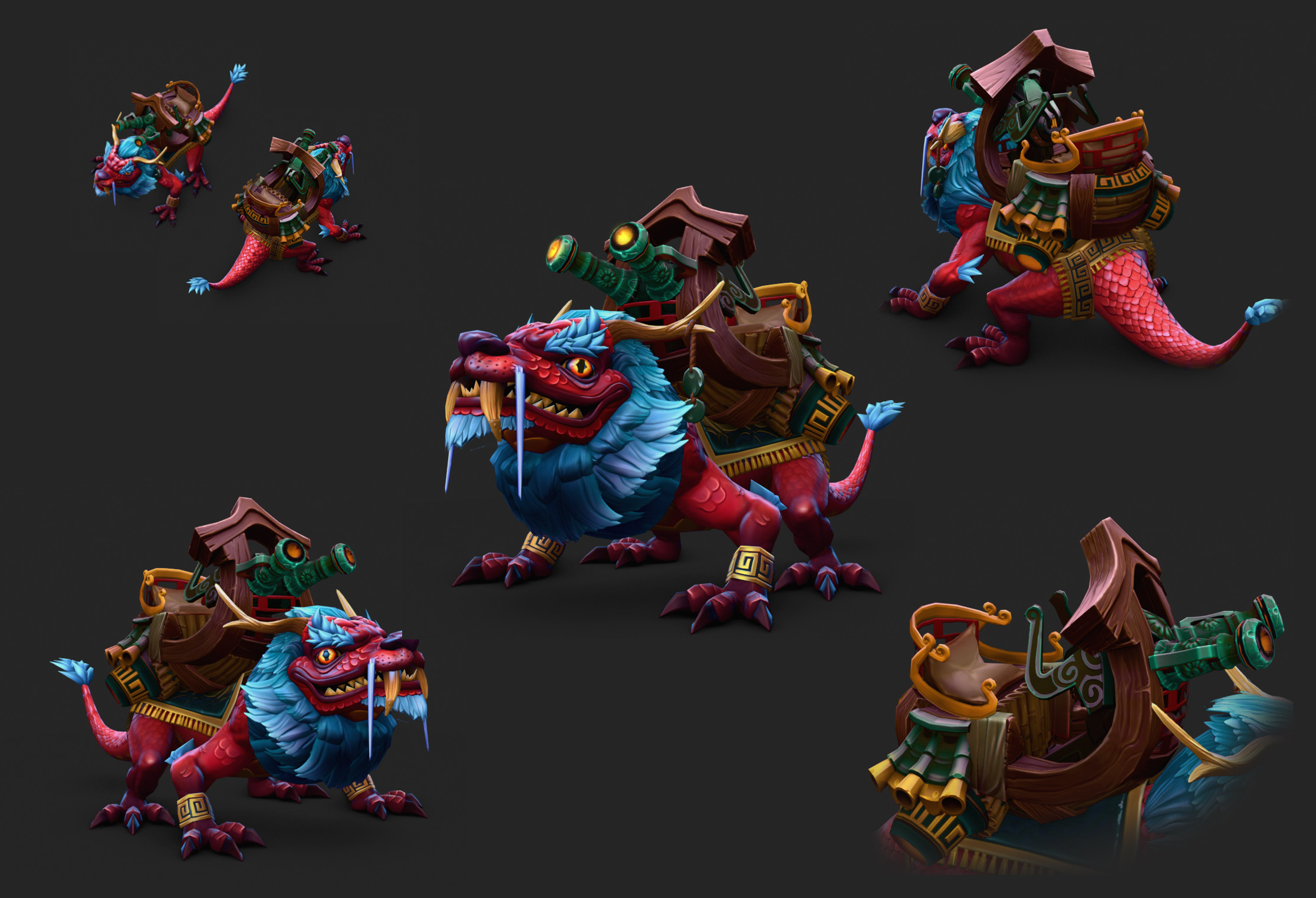 Dragon mount &amp; Throne assets. I had to figure out tricks to make it fit within the texture&amp;triangle budget. For instance, each "foot" is made from the same half-toe mesh stitched together 24 times. The body scales are a tiling strip piece, etc'