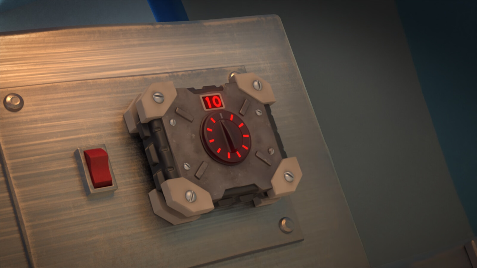 A show still of the power dial in the style of Webz' tech inventions.  This one is used to manipulate a shaved ice machine to create snow.