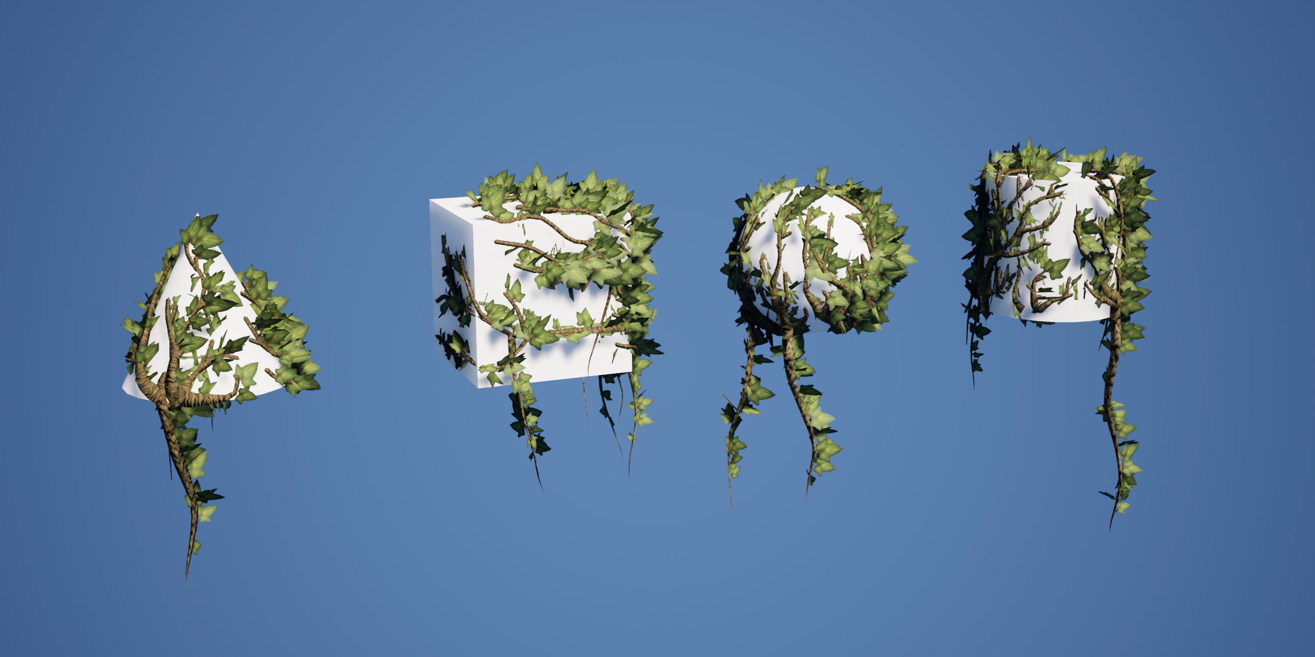 A comparison of different primitive shapes with the ivy growth solver HDA applied