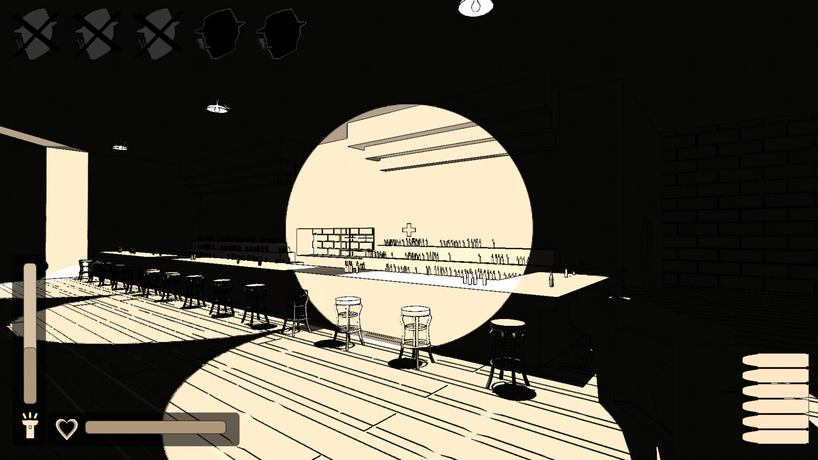 Looking at the bar interior with the flashlight