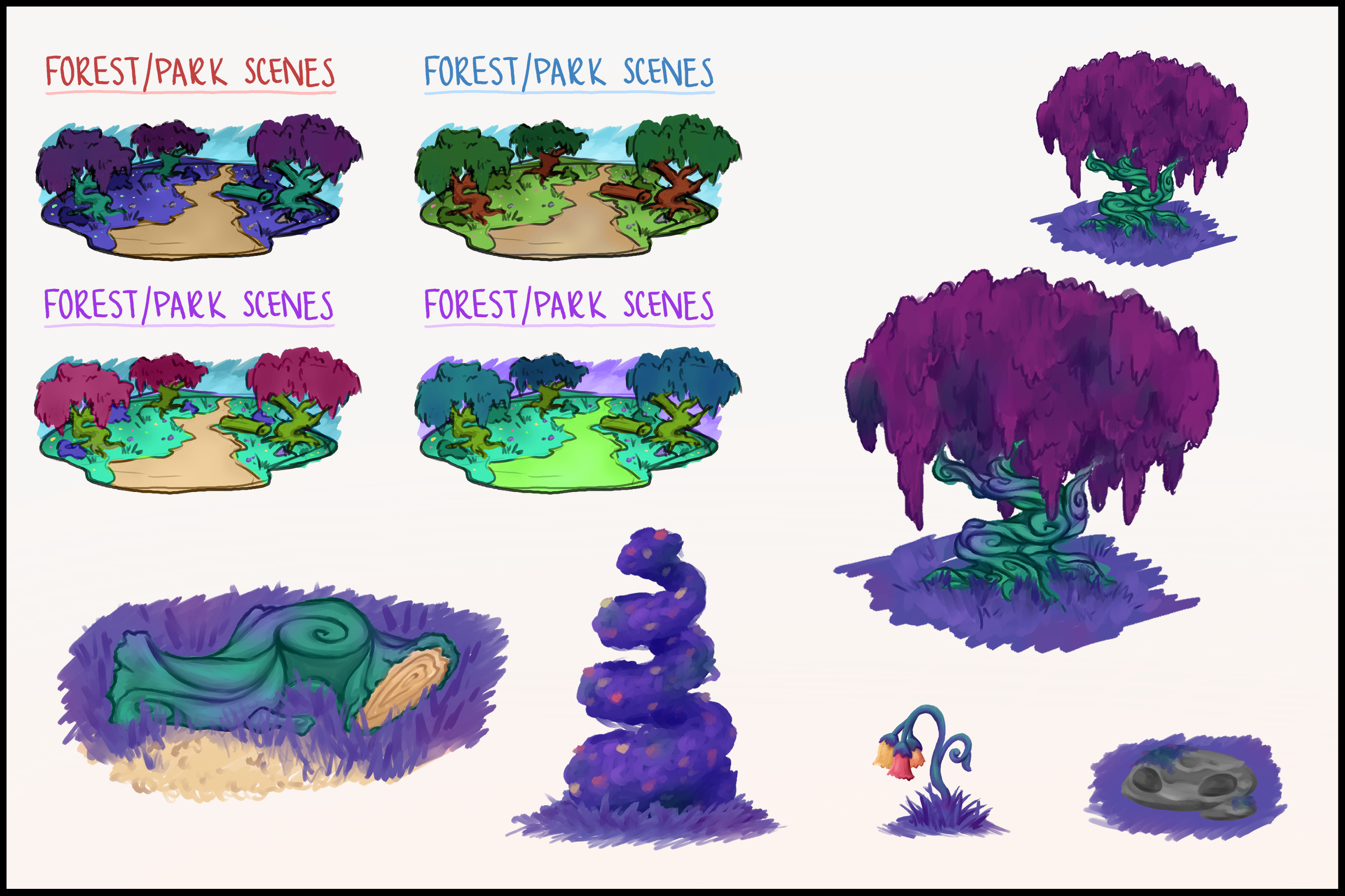 Further concept designs for the forest scene.