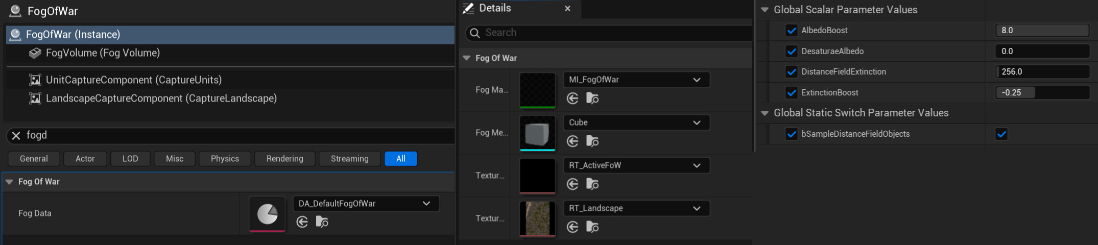 The custom fog of war actor that is added to each map, the default or custom data asset that the fog actor reads from, and material instance parameters for controlling fog visuals.