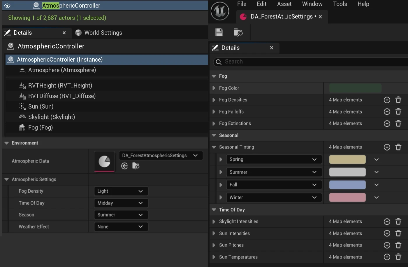 The atmospheric controller world actor, World Settings environmental tab for quick look-dev, and custom data asset for granular control of all settings