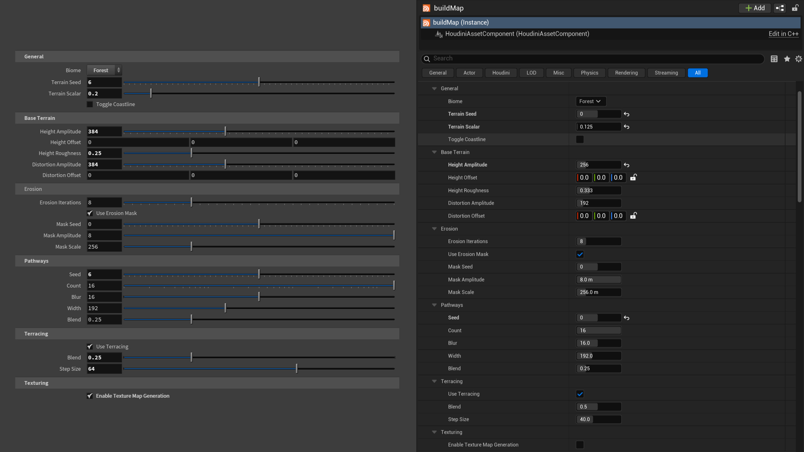 Side-by-side of the Houdini HDA used to generate the heightfield/terrain in Unreal, and the parameters exposed in the Unreal Editor
